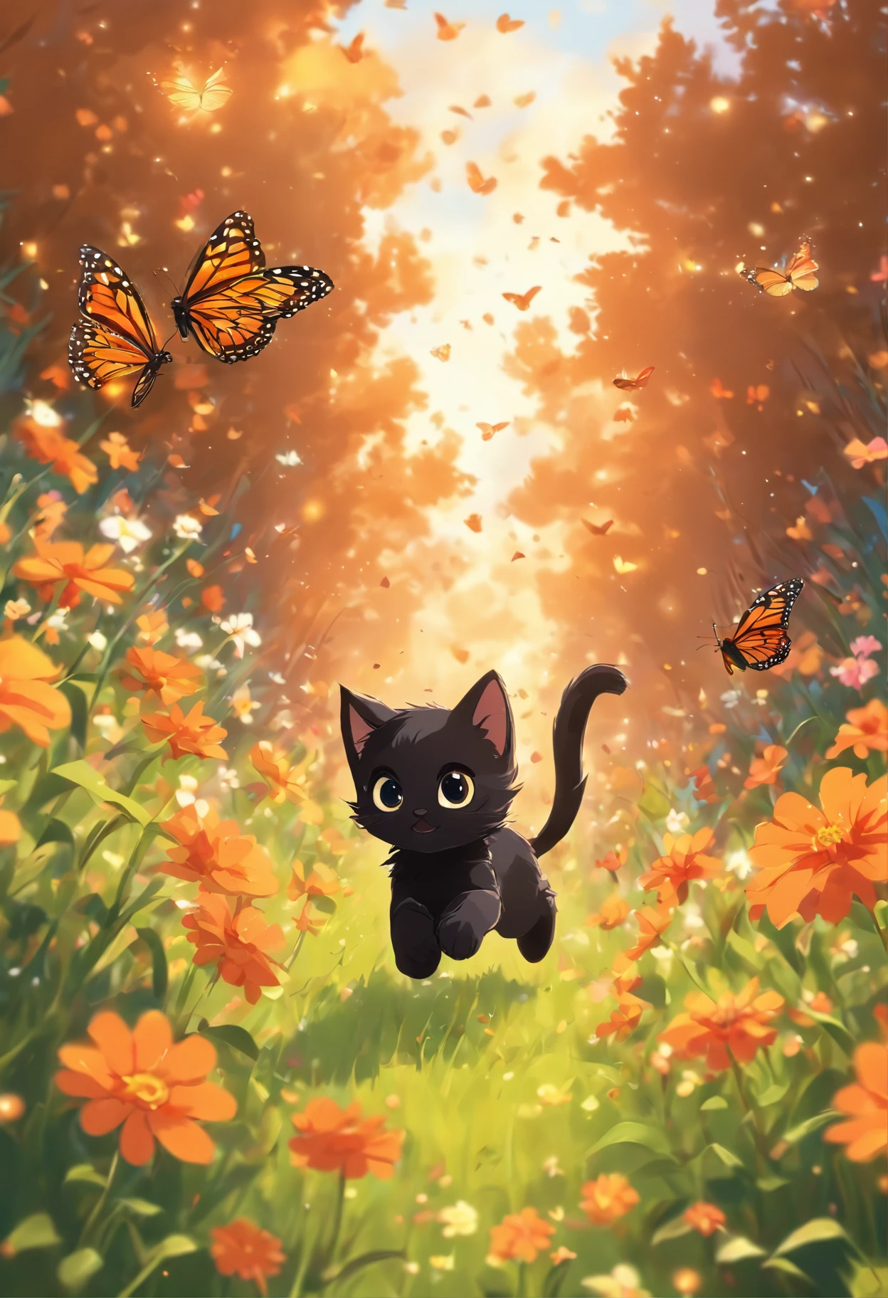 a cute vector of a black kitten chasing a monarch butterfly through a flowery field, anime style, M Jenni style, digital illustration, approaching perfection, highly detailed, smooth, sharp focus, illustration, 4k resolution