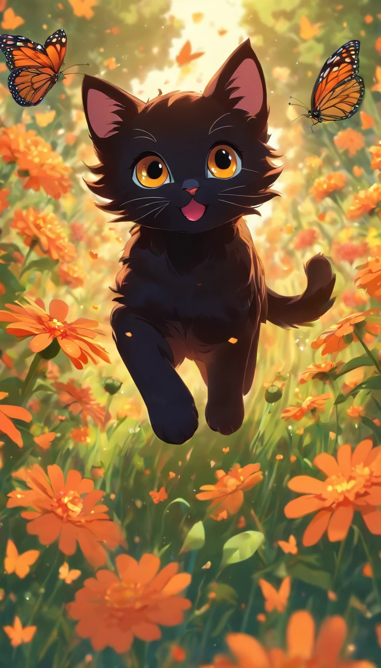 a cute vector of a black kitten chasing a monarch butterfly through a flowery field, anime style, M Jenni style, digital illustration, approaching perfection, highly detailed, smooth, sharp focus, illustration, 4k resolution