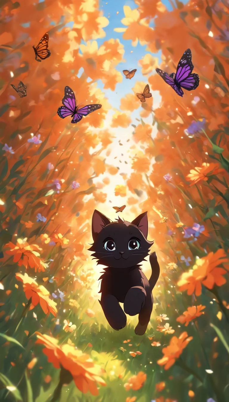 a cute vector of a black kitten chasing a monarch butterfly through a flowery field, anime style, M Jenni style, digital illustration, approaching perfection, highly detailed, smooth, sharp focus, illustration, 4k resolution