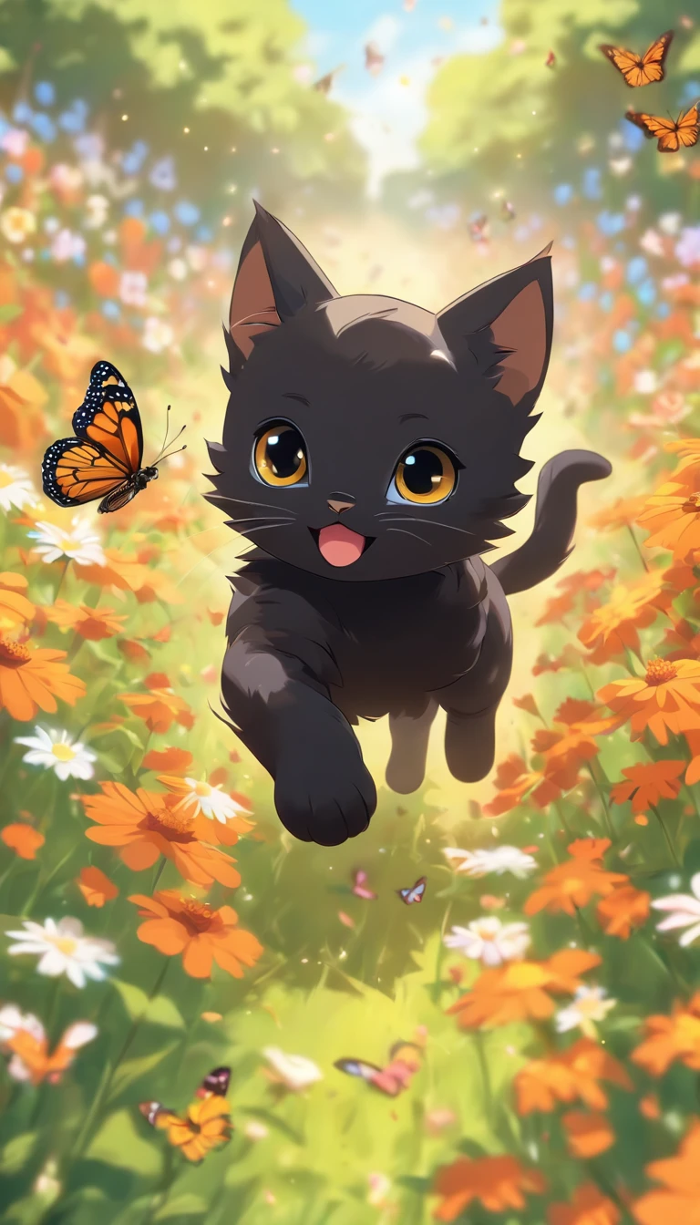 a cute vector of a black kitten chasing a monarch butterfly through a flowery field, anime style, M Jenni style, digital illustration, approaching perfection, highly detailed, smooth, sharp focus, illustration, 4k resolution