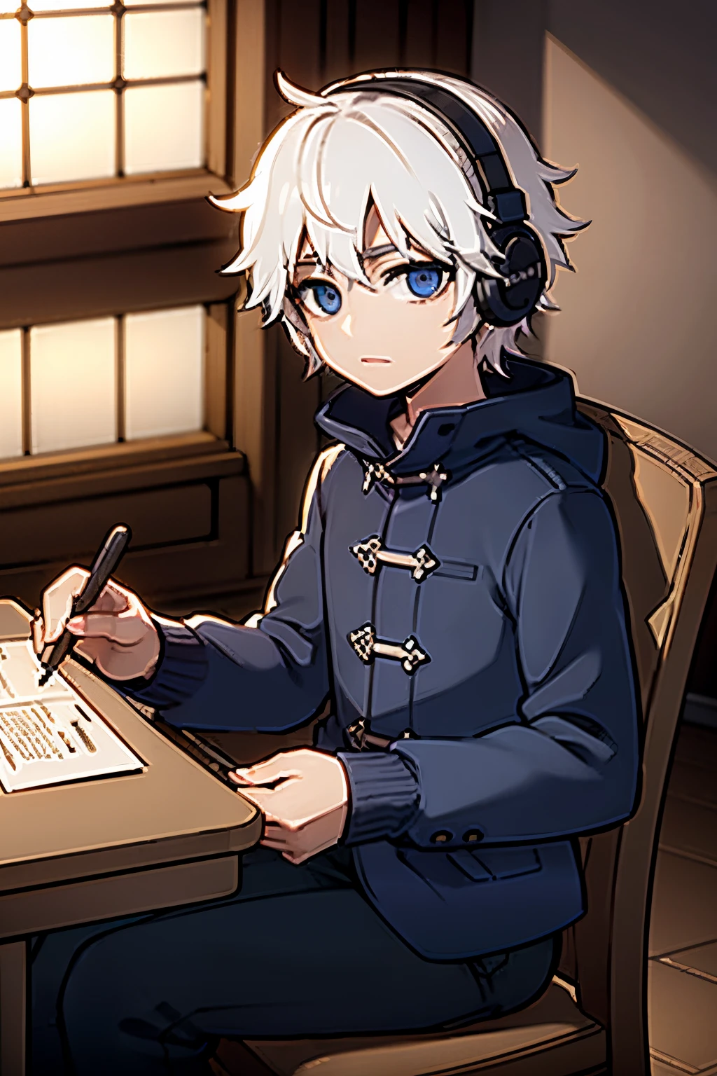 boy, medium hair cut, blwhite hair, wearing headphones, blue puffer jacket, black pants, 4k, in a church, sit in one chair, ivory church, blue vitral in bacckground, masterpiece, 4k, HD