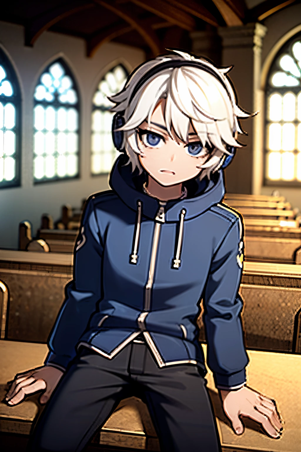 Young boy, medium hair cut, blwhite hair, wearing headphones, blue puffer jacket, black pants, 4k, in a church, sit in one chair, ivory church, blue vitral in bacckground, masterpiece, 4k, HD