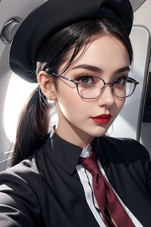 European woman in a plane, air stewardess uniform , Blazzer, Skirt, stewardess Hat, Glasses, Dark Hair, Red Lips, Shadow eye, Slutty Makeup, Ponytails, beautiful chest, Big boobs, Clivage, Second life avatar, Beautiful screenshot, Photographer point of view , leaning foward , close up, view in her clivage, seductive woman, high quality, Very detailed skin,