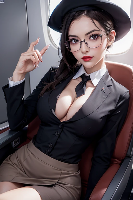 European woman in a plane, air stewardess uniform , Blazzer, Skirt, stewardess Hat, Glasses, Dark Hair, Red Lips, Shadow eye, Slutty Makeup, Ponytails, beautiful chest, Big boobs, Clivage, Second life avatar, Beautiful screenshot, Photographer point of view , leaning foward , close up, view in her clivage, seductive woman, high quality, Very detailed skin,