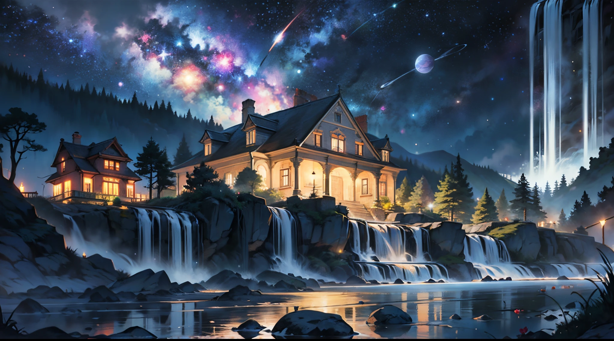 Utopian mansion at night, galaxy, stars, planets, waterfall