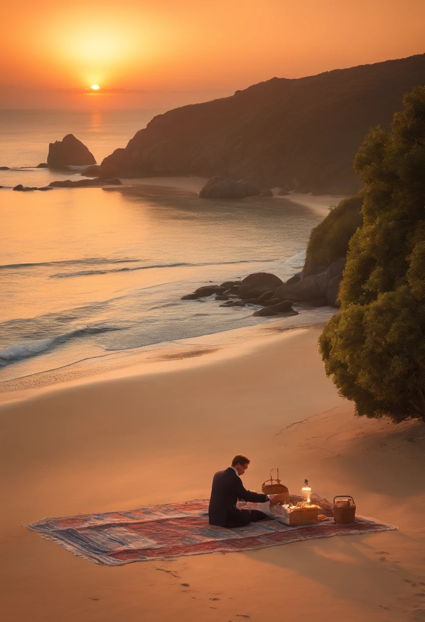 A photo of the character having a picnic on a beautiful beach at sunrise,original,he is rick astley