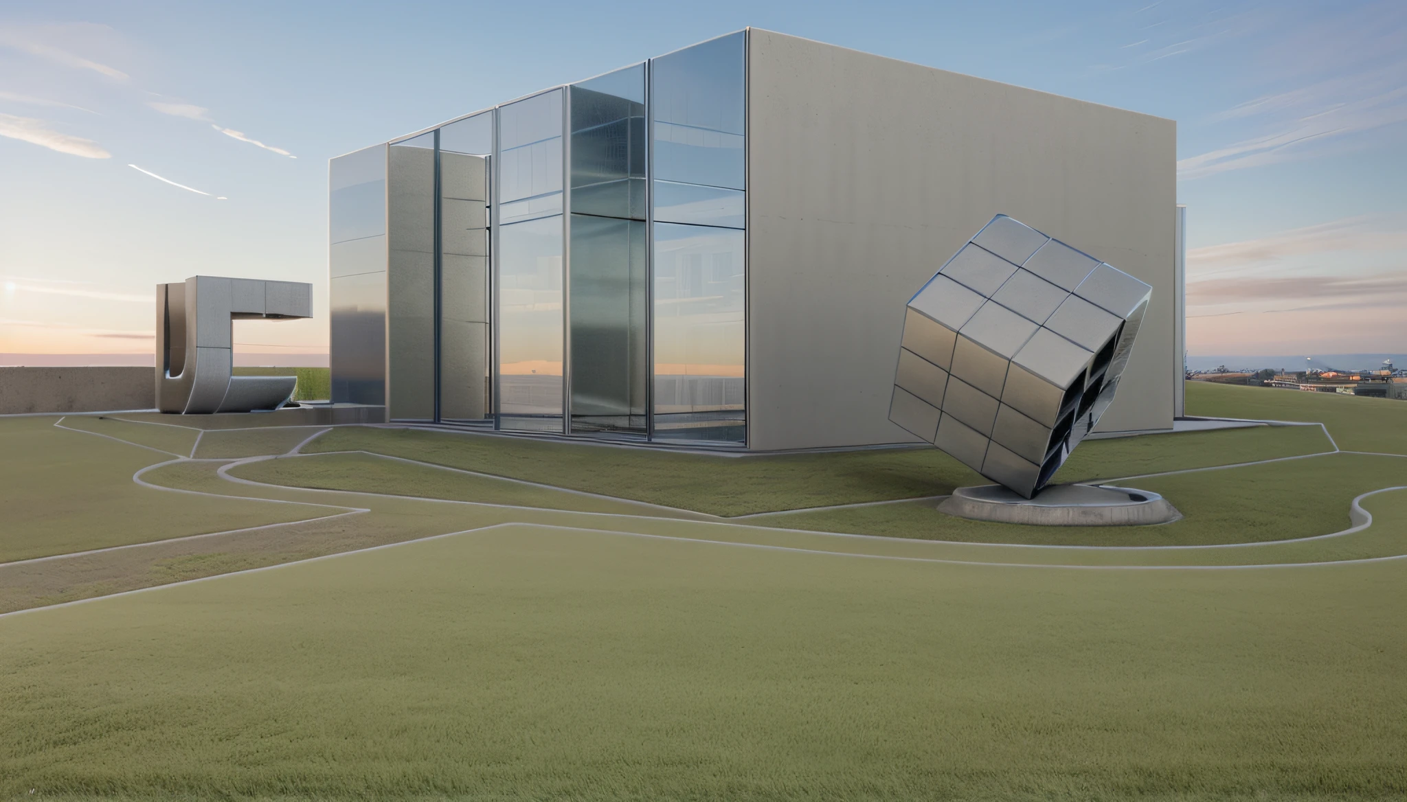 a rendering of a plaza in front of one office building, stone pathway to building and from right to left, one steel sculpture on the left and one steel sculpture on the right, hilly grass between building and plaza,((nice grass lawn)),beautiful sky, daylight, bright daylight, two-point-perspective, human perspective, realistic, masterpiece, ultra-detailed,4k, photographic rendering, commercial