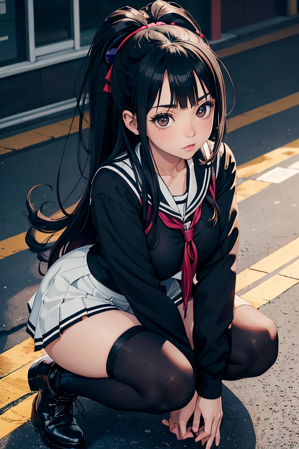 1girl, adorable face, long hair, japanese school, art by hirohiko araki, (black sailor japanese school uniform), (large_breasts), loli, (GOTH), black cardigan, ankle warmers, black boots, youthful, jojo's bizarre adventure, black hair, brown eyes, dynamic, detailed features, solo ((HIGHEST QUALITY)), ((perfect composition))