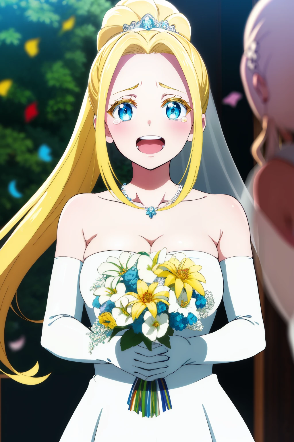 masterpiece, best quality, highres, aaichika,  tiara, bridal veil, necklace, cleavage, wedding dress, strapless dress, white dress, white gloves, elbow gloves, garden, smile, open mouth, tears, upper body, confetti, holding bouquet, bouquet, beatrix amerhauser, long hair, blue eyes, blonde hair, gloves, ponytail,