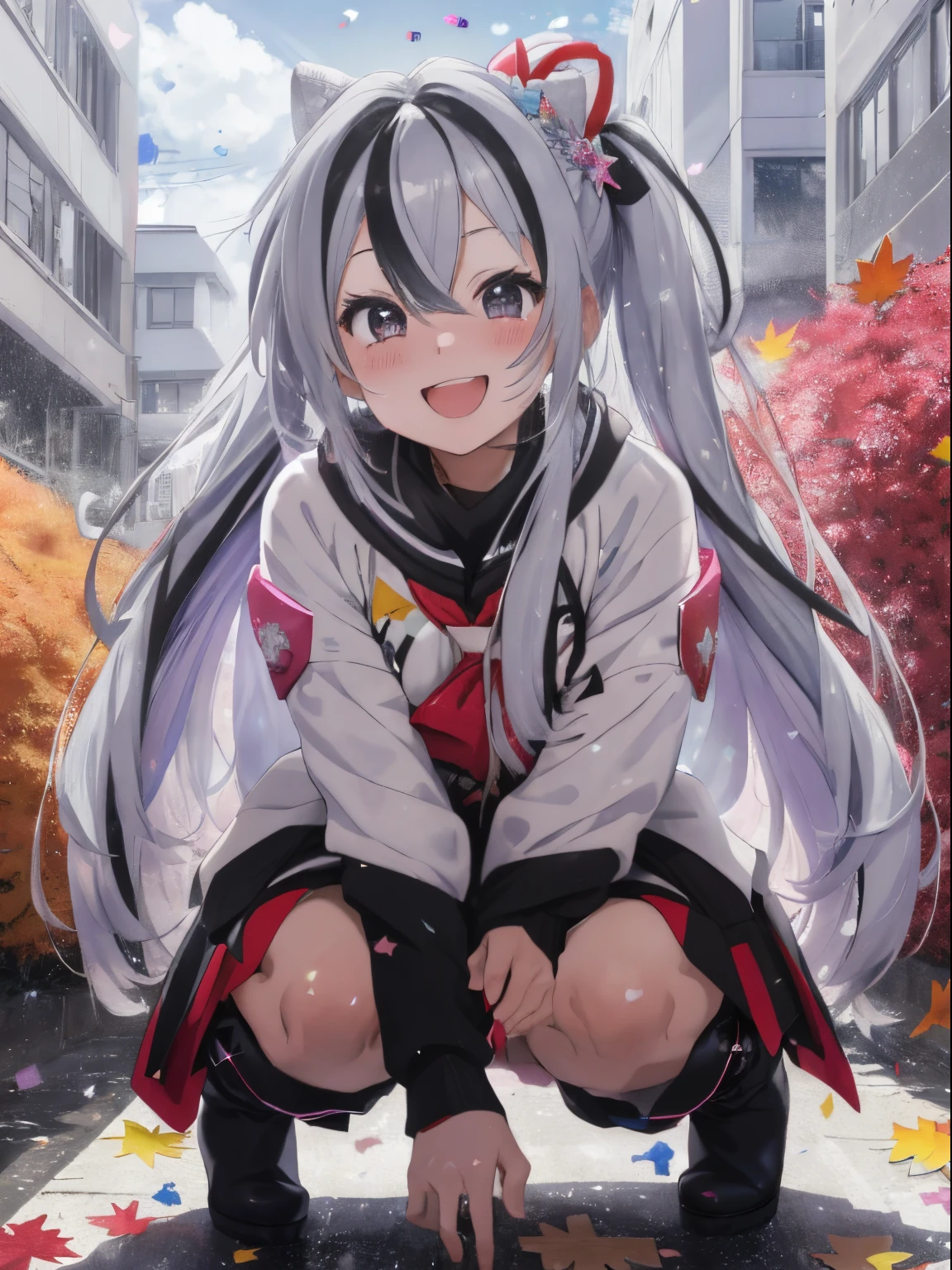 A sparkling sky with reflected light,Colorful confetti,Get into the celebratory mood with Kusudama and rice crackers,fluffy hair,rainbow-colored hair,white and gray and black and red,Happy with a big smile,He seems satisfied with the exaggerated reaction..,Autumn clothes,long-sleeve,long boots,Slightly red tide,