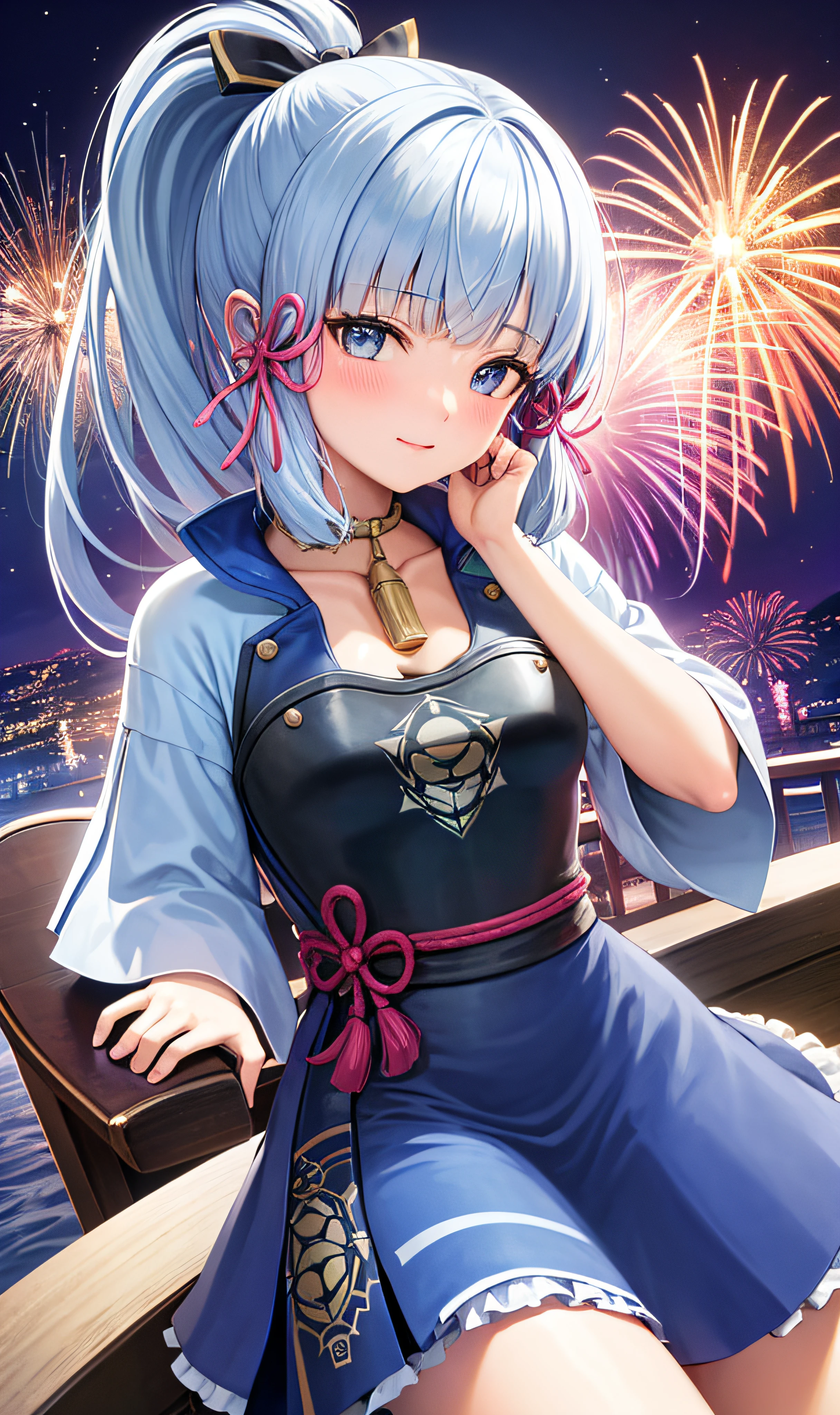 1girl,cowboy shot,sitting,chair, fireworks,evening,joy,origen,