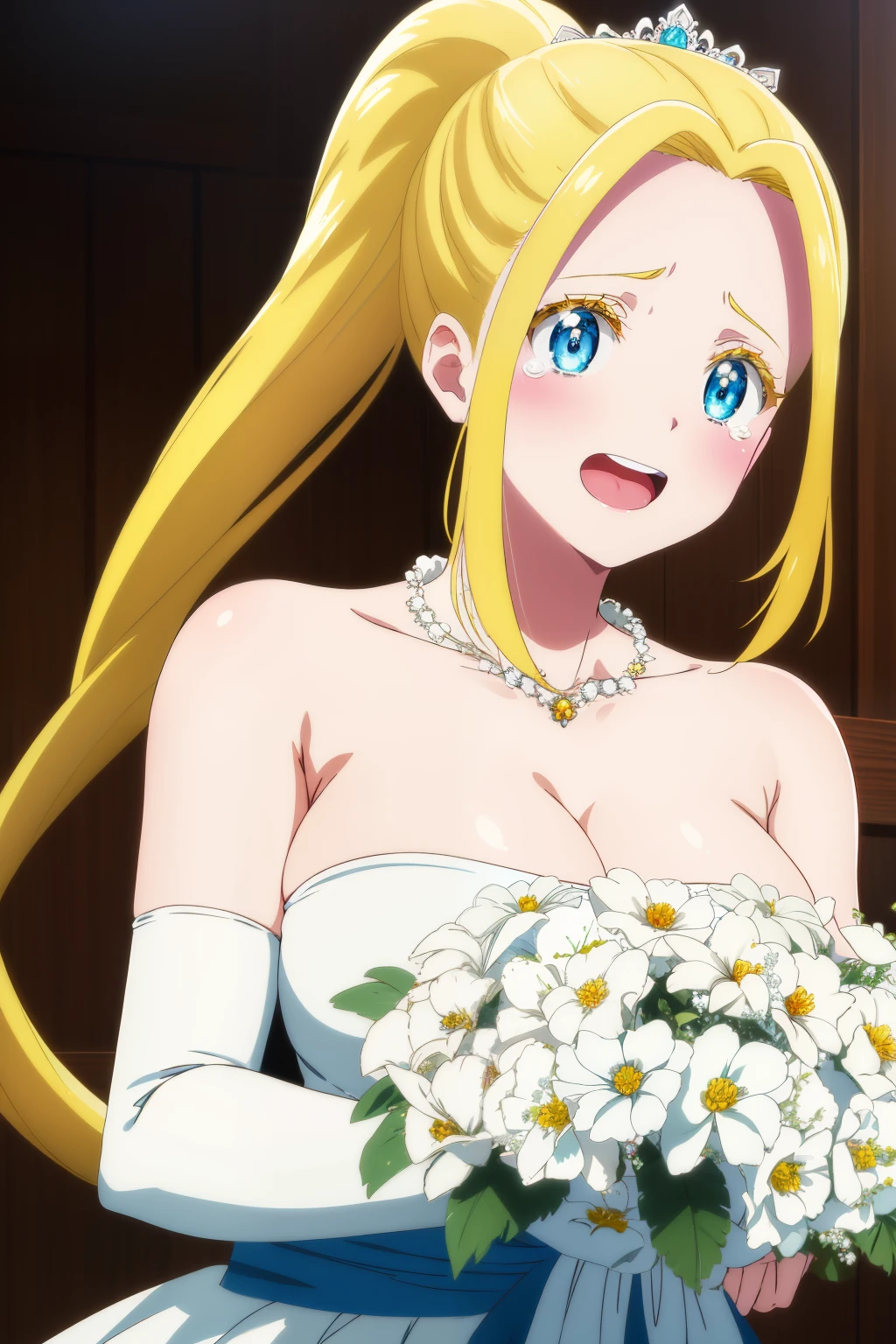 masterpiece, best quality, highres, aaichika,  tiara, bridal veil, necklace, cleavage, wedding dress, strapless dress, white dress, white gloves, elbow gloves, garden, smile, open mouth, tears, upper body, confetti, holding bouquet, bouquet, beatrix amerhauser, long hair, blue eyes, blonde hair, gloves, ponytail,