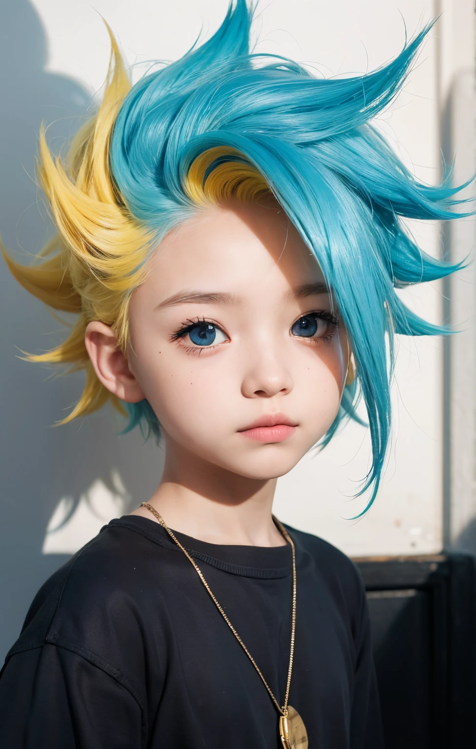 A boy with realistic yellow and blue hair, the same realistic hairstyle, realistic handsome+cute face, adapt realistic clothes, realistic light, realistic shadows, realistic background