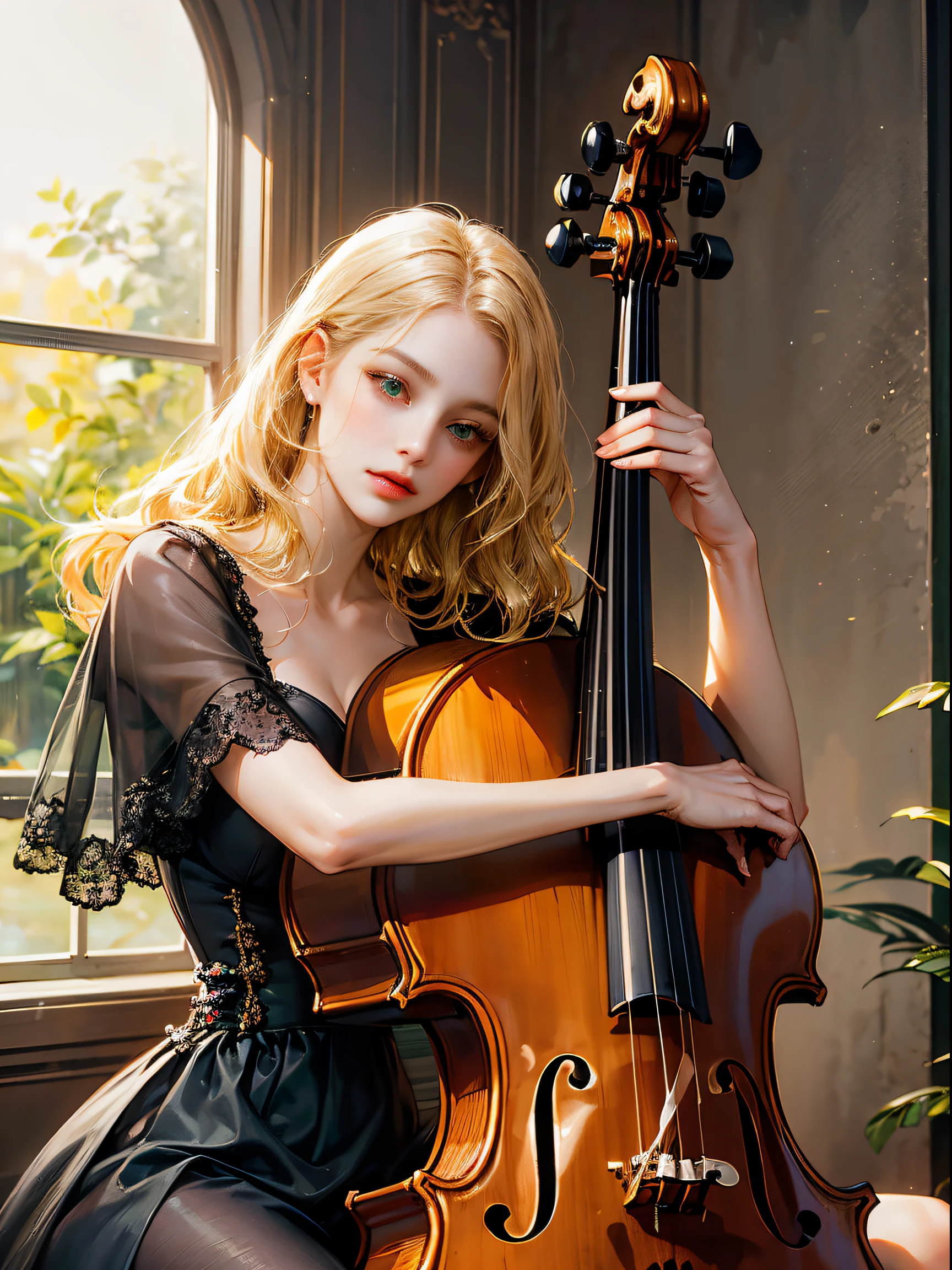 A girl, medium blonde hair, wavy hair, no bangs, green eyes, medium breast. She wears elegant dress, beautiful girl, detailed eyes, detailed face, detailed hands, looking at the viewer. she is sitting and she plays the cello on stage