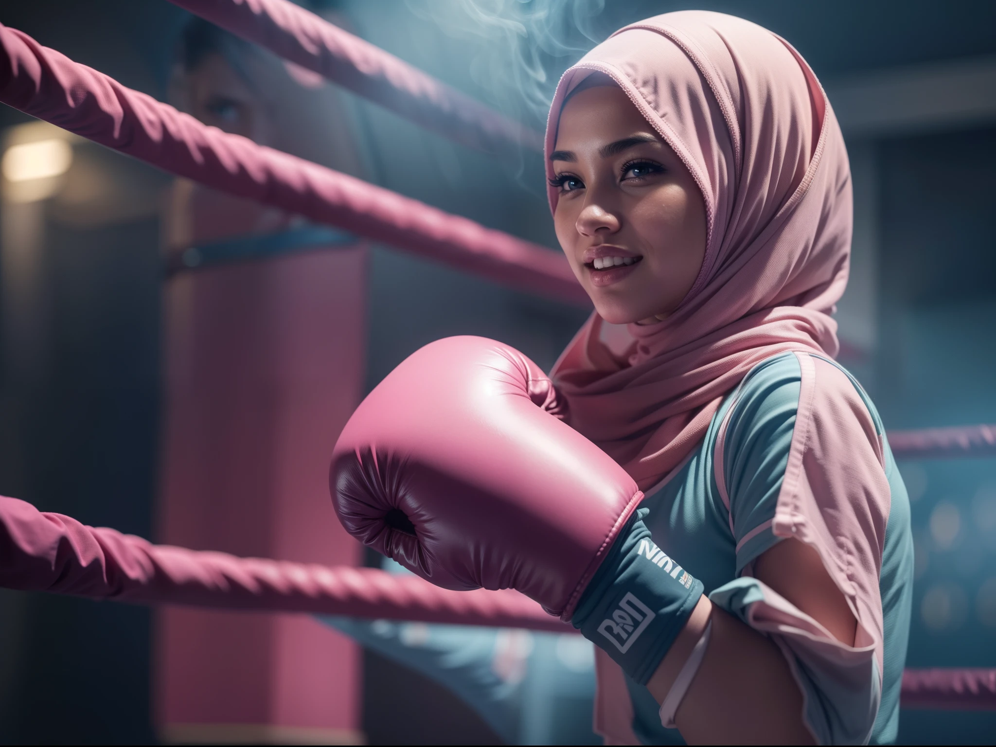 a sserafimsakura, hyper realistic, lifelike texture, dramatic lighting, Nikon RAW photo, 8k, Fujifilm XT3,CitrineDreamMix, masterpiece, best quality, realistic, (photorealistic:1.4), ultra detailed, extremely detailed face, solo,1 malay hijab girl, wearing light blue hijab,standing, (boxing gloves:1), (boxing ring), (smile:1), pink boxing outfit, dramatic and action effect, smoke effect, Super 8mm lense, Extreme close-up, Deep Focus cinematography effect, Natural Lighting, cool-toned color grading, high quality, ultra detail, 8k resolution,