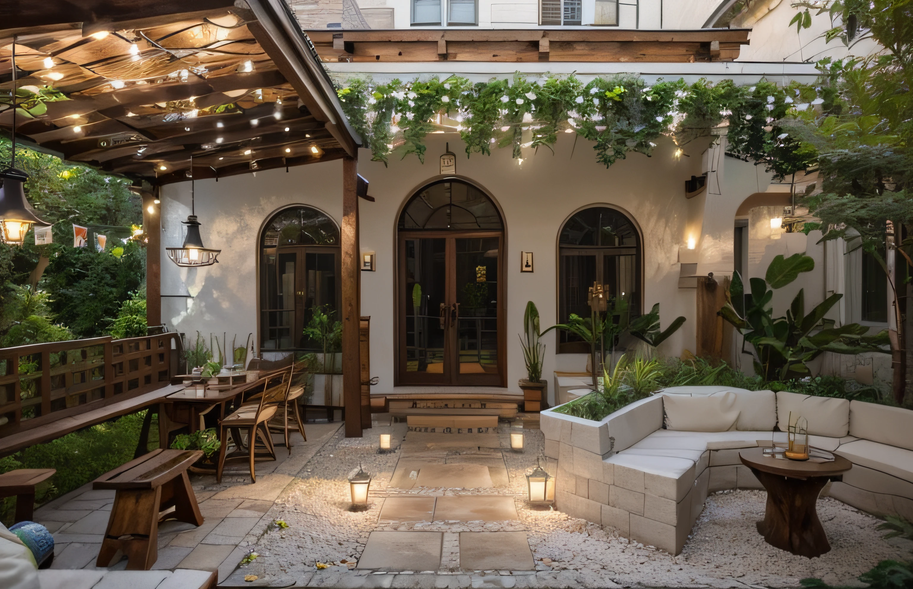 Interior Design: Garden Scene: Use large glass doors to maximize natural light and create an open-space feel. Design an outdoor seating area with lightweight wooden chairs, comfortable cushions, and potted plants to create a close connection with nature. Indoor Furnishings: Use natural wood or white-painted wood furniture to evoke a vintage and luxurious feel. Opt for classic-style chandeliers or wall decorations featuring garden scenes, flowers, and leaves to enhance beauty and a sense of closeness to nature. Combine sofas, chairs, and wooden tables with lightly colored fabric or leather cushions to create a comfortable and cozy ambiance. Bar and Serving Area: Utilize natural materials like wood or stone for the bar counter to accentuate the interior space. Install LED lights under the bar counter to add focal points and enhance aesthetic appeal. Exterior Design: Garden Area: Create a lush green garden with grass, foliage, and stone pathways or brick pavements to mimic a European garden atmosphere. Arrange outdoor tables and chairs in natural light and provide shade with umbrellas or canopies to protect customers during unfavorable weather. European-Style Exterior Design: Implement classical architecture elements such as columns, arched doorways, or tiled roofs to emphasize European architectural aesthetics. Design small spaces adorned with stone or wooden benches for customers to enjoy the outdoor ambiance and appreciate the garden's beauty. Lighting and Decor: Use decorative lights hanging on trees or ground-level lighting for the exterior space during the evening. Decorate with LED strip lights around trees or walls to create focal points of light and a romantic ambiance. Additional Suggestions: Use materials like granite, natural tiles, or wood for the flooring and garden to create a closer and more natural feel. Employ light and gentle colors such as green, natural wood tones, and white to establish a sense of comfort and relaxation. Consider adding feat