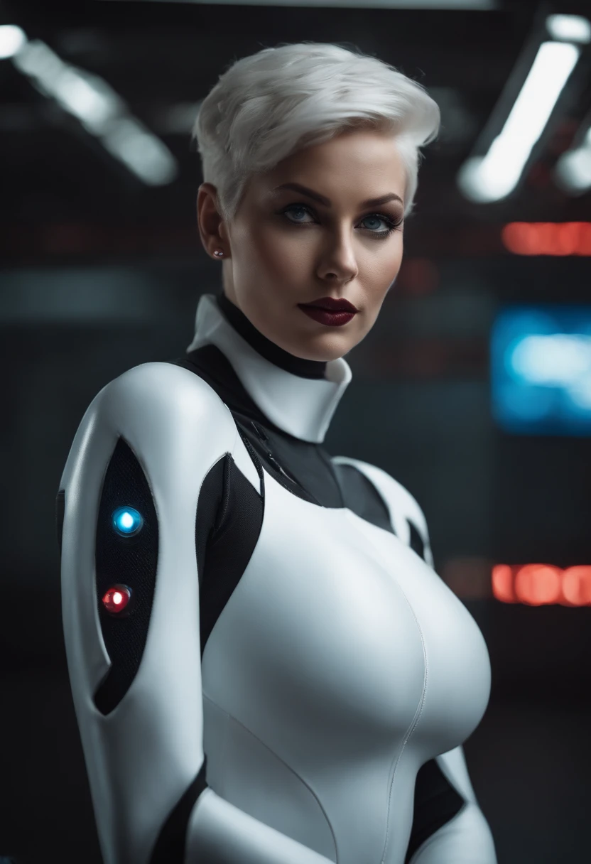 cyberpunk edgerunners, 1girl, lucy (cyberpunk), bare shoulders, blue eyes, Huge breasts, leotard, looking away from the viewer, Large-breasts, Huge Butt, off-shoulder jacket, off-shoulder, red eyeliner, short hair, sleeveless turtleneck leotard, solo, turtleneck leotard, white hair, ((masterpiece)) (best quality, masterpiece)