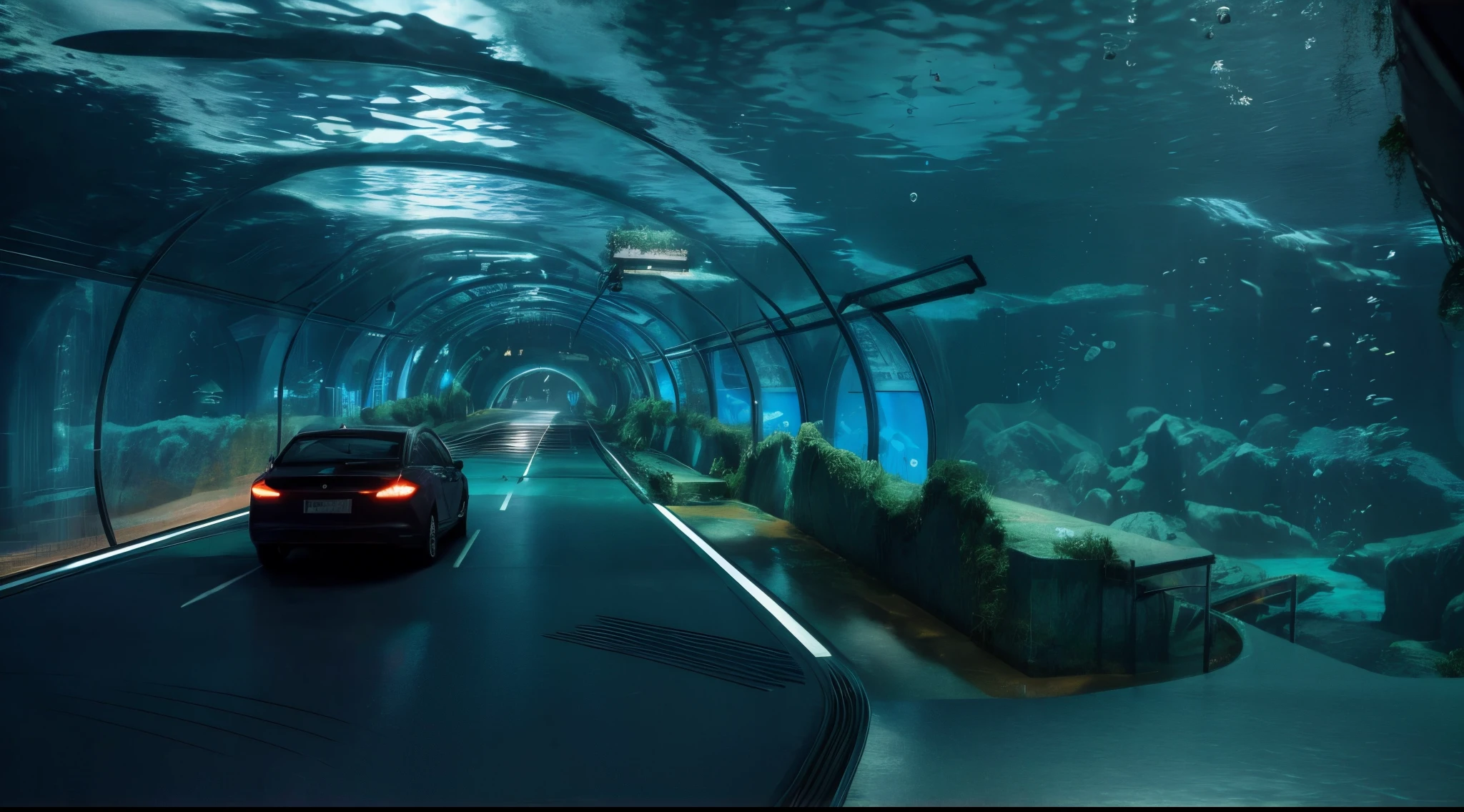 tunnel with cars driving through it and a tunnel with a tunnel, tunnels lead to different worlds, unbelievable, futuristic underwater metropolis, an underwater city, underwater city, under water visual distortion, floating cars, under water scenery, underground lake, incredible depth, incredible, underwater market, volumetric underwater lighting, undersea environment, inside an underwater train, tunnel, realistic image, 16k resolution