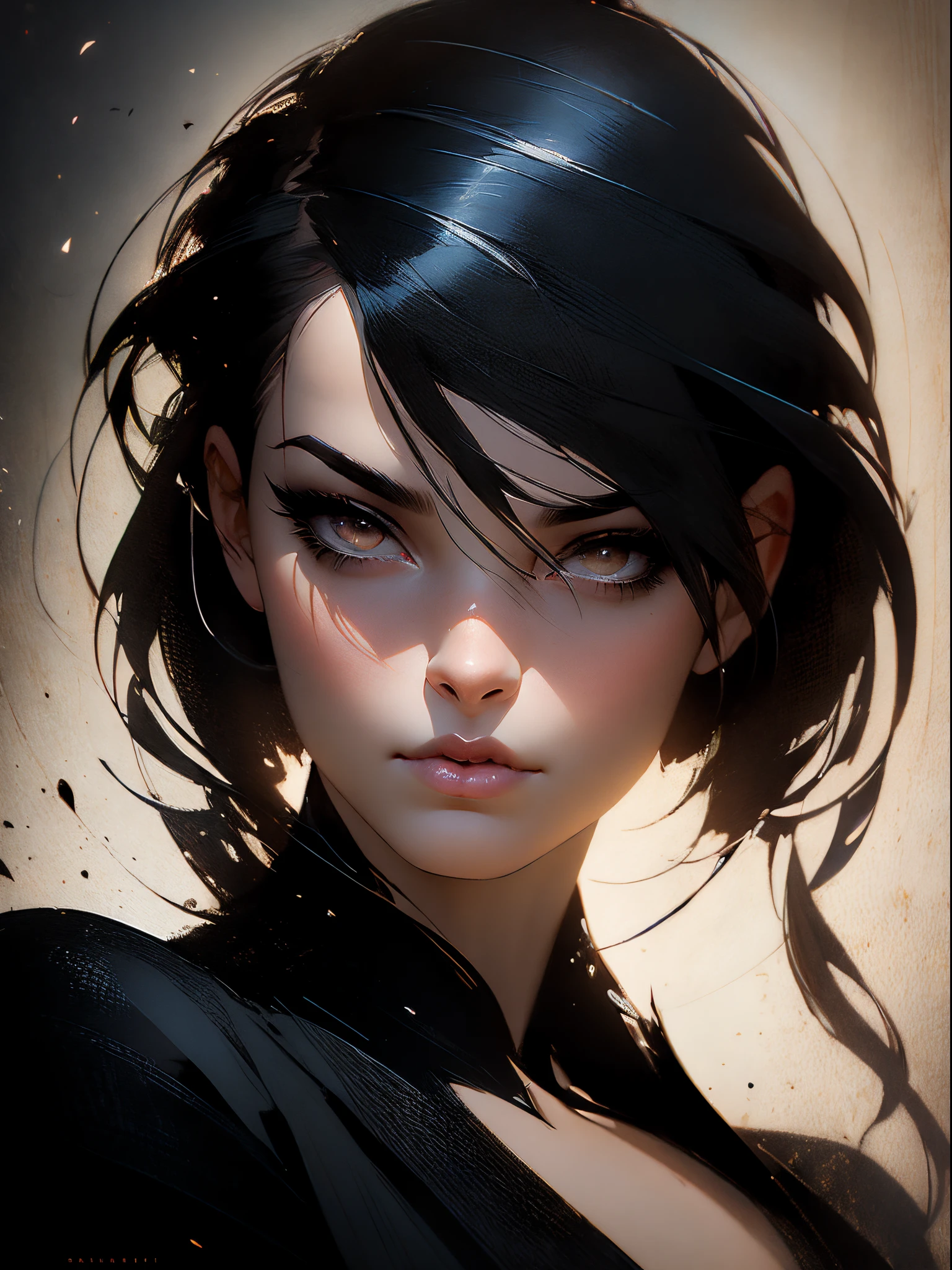 A woman with shaved hair and a black blouse looks at the camera, pintura de personagem bonita, retrato da arte do personagem, 🤤 retrato da menina, arte do personagem charlie bowater, Epic portrait illustration, retrato detalhado do caractere, Neoartcore e Charlie Bowater, retrato de alta qualidade, retrato de arte conceito de fantasia, retrato de fantasia fosco detalhado, Charlie Bowater Estilo de Arte, retrato bonito detalhado, retrato da arte da fantasia
