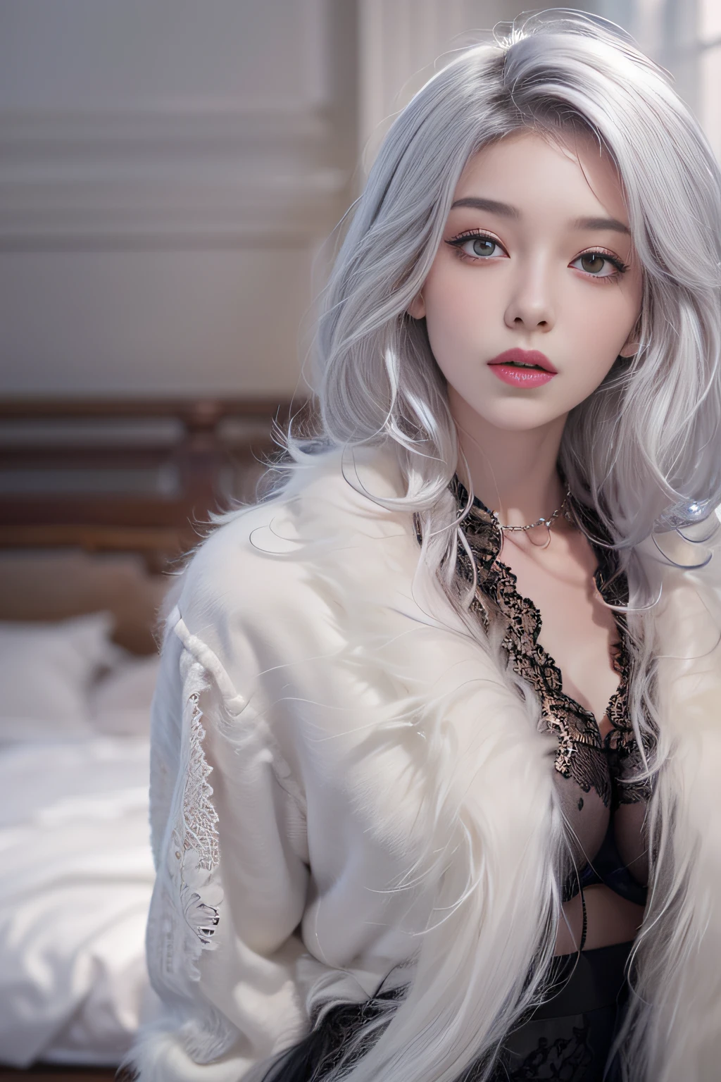 Portrait photo of a girl, Photorealistic, High resolution, 1 Women, Solo, waist-up, Beautiful eyes, Close lips, Detailed face, White hair, Long hair, open front collar shirt,(You can see a black lace bra) Fur coat, Stockings、(woman standing in front of a fur bed）Full Body Angle、((Black lace panties are visible))、