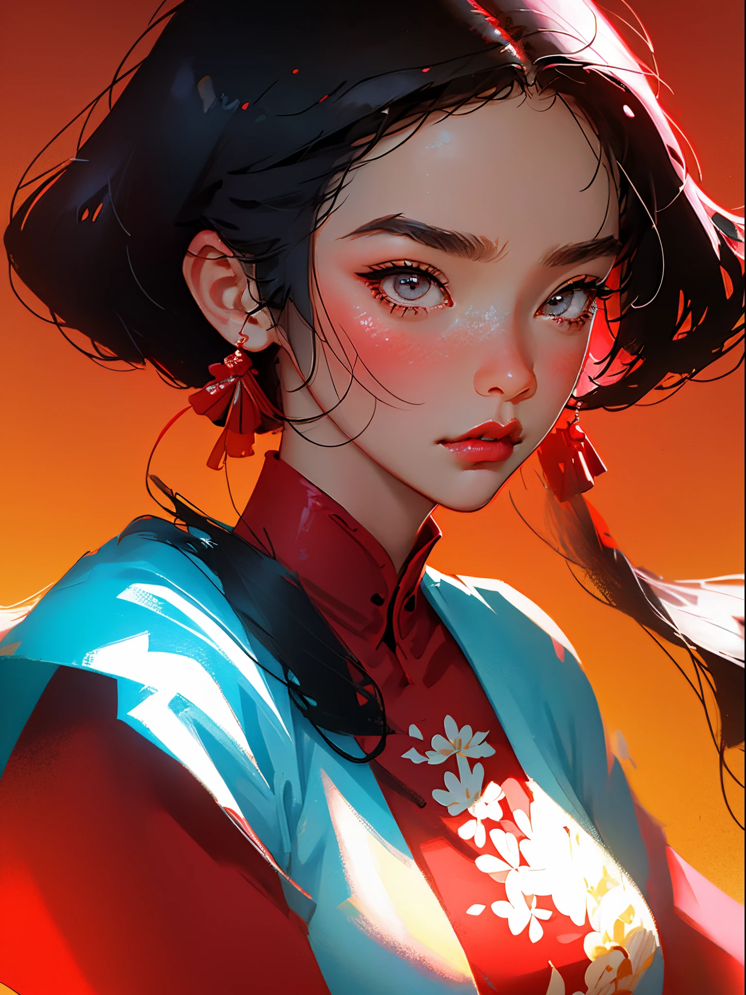 (Face close-up: 1.3), avatar close-up, Naxi costume woman, Naxi clothing, trend, modern, red background, black and white fluorescent color, flat style, minimalism, graphic illustration, Tsuruta Ichiro style,