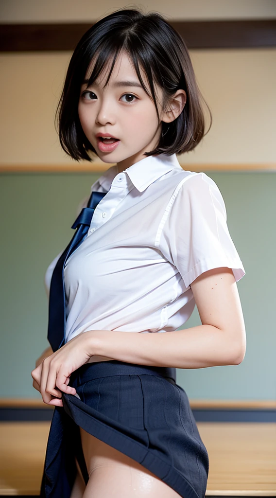 a closeup, Woman with open mouth、(Big mouth emphasis: 1.3),(from the front side、a closeup:1.5), (Ultra-detailed eyesnose-mouth-tongue),masterpiece, top-quality, FULL ANATOMY、Raw foto, Photorealsitic, faces, unbelievable Ridiculous, beautiful a girl, cute little, shorth hair、depth of fields, hight resolution, ultra-detailliert, finely detail, ighly detailed, extremely detailed eye and face, Realistic pupils, foco nítido, Cinematic lighting、flat breast、tiny chest、small tits、(Petite bust:1.2)、Petite bust、 (Slimed、small tit、flat boobs、small tit)、 a 20 yo woman、Sexual facial expressions、sexy pose、 (Panties are visible)、 Wet body、Blushing、Sweating、Very embarrassed look、The face is bright red、short-hair、Straight bob hair、Shorthair with bangs、A smile、Schoolgirl Uniform、Panties are visible from the skirt、Very detailed 8k wallpaper、Sheer white shirt、Navy blue ribbon at the collar、Dark blue pleated micro mini、Show me your whole body、Plump panties、White Sox、Lift the hem of the skirt、Lift the hem of the skirt with both hands、Lift the hem of the skirt yourself,、Showing her panties to the camera、is standing、Classroom、depth of fields、Bokeh in the background、