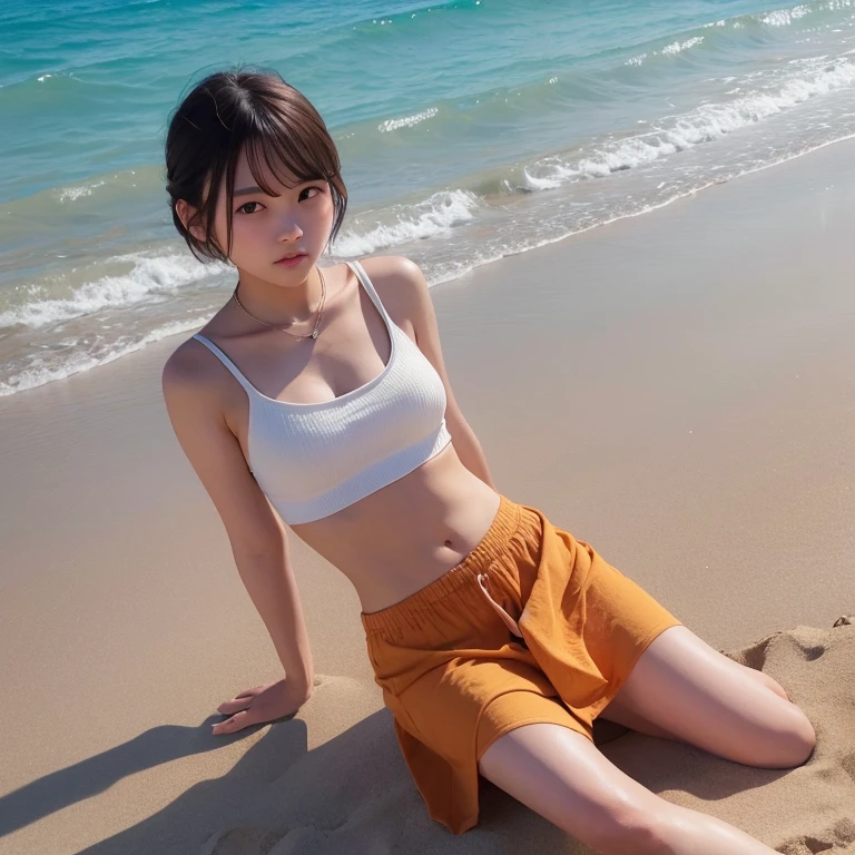 (solo), (a detailed full body RAW photo of a girl), (masterpiece:1.0), (best quality:1.4), (ultra highres:1.2), (photorealistic:1.4), 8k resolution, Canon EOS R5, 50mm, absurdres, ultra detailed, (25yo), sharp focus, cinematic lighting, detailed beautiful face, (no make up:1.2), (ulzzang-6500-v1.1), petite figure, detailed skin texture, suntan skin, flat chest, (skinny and fit body:1.6), thigh gap, detailed brown hair, sweltering,(very short hair:1.5), realistic glistening skin, (sweating:1.45), crotch fourcus, nfsw, heavy breathing, humid, (small titts, cameltoe, erect nipples:1.5), (very tight rashguard and sports bikini:1.2), (japanese lifeguard, flat chest:1.5), well-developed abdominal, dynamic pose, (satomi ishihara:0.7), (bikini tan:1.5), beach, under boob,