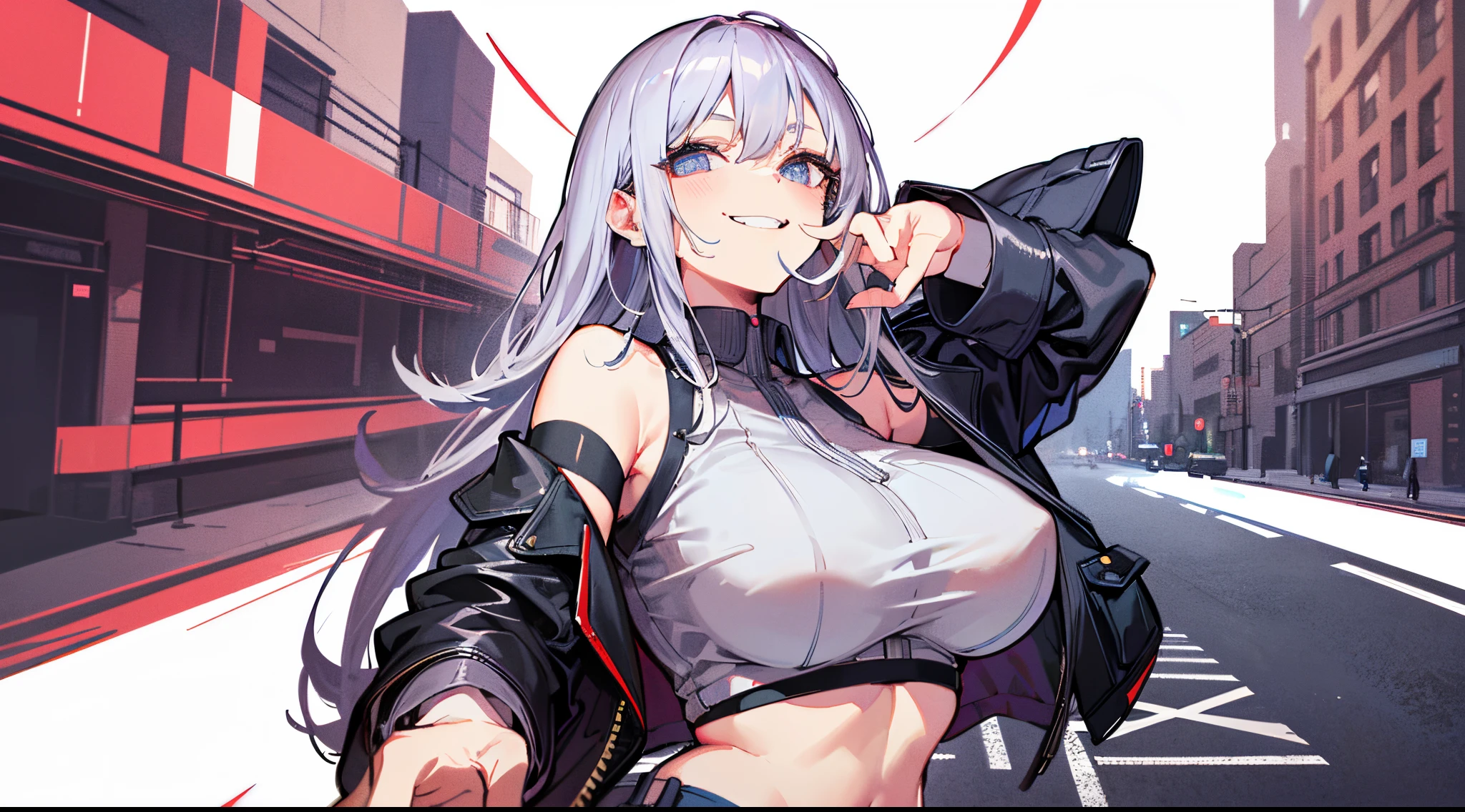 (Masterpiece: 1.6, Best Quality), (Fine and Beautiful Eyes: 1.2), (Overhead), High Quality, Beautiful Face, 1girl, Wide Shot, White Crop Top, Leather Shorts, Oversized Leather Jacket, Open Shoulders, Silver Hair, Big Tits, Long Hair, Wide Hips, (Sideways), Street, Background, Detail Background, Spooky Grin, Angled Laughter at the Corners of Mouth,