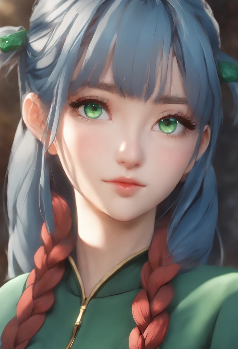 anime, hda, a close up of a woman with ((red braided low ponytail hair)) and (((the most beautiful green eyes))) in (((blue outfit))), (((determined)), 8k, Unreal Engine 5, octane render, by kyun, gamang, Yoon Gon-Ji, g.ho, gosonjak, shuroop, serious, domi, noah, trending on pixiv, fanbox, skeb, masterpiece, detailed face, smooth soft skin, big dreamy eyes, huge butt, huge breasts, beautiful intricate colored hair, symmetrical, anime wide eyes, soft lighting, concept art, digital painting,