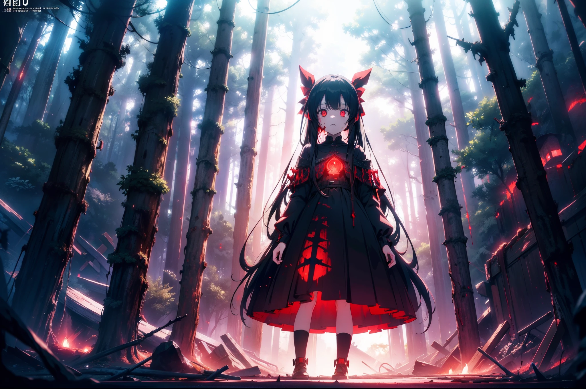 1 loli girl , ((standing around many bones)) ,((red lighting)), in forest ,(blood sea), concept art, fantasy art, cinematic lighting , cinematic angle , (rape face) ,black long straight hair, black hair, hair ribbon , red eyes,black dress, (glowing eyes), (((horror))) , high resolution,(incredibly absurdres) ,extremely detailed CG unity 8k wallpaper, ((masterpiece)), ((top-quality)), (beautiful illustration,background Tento), ((an extremely delicate and beautiful))