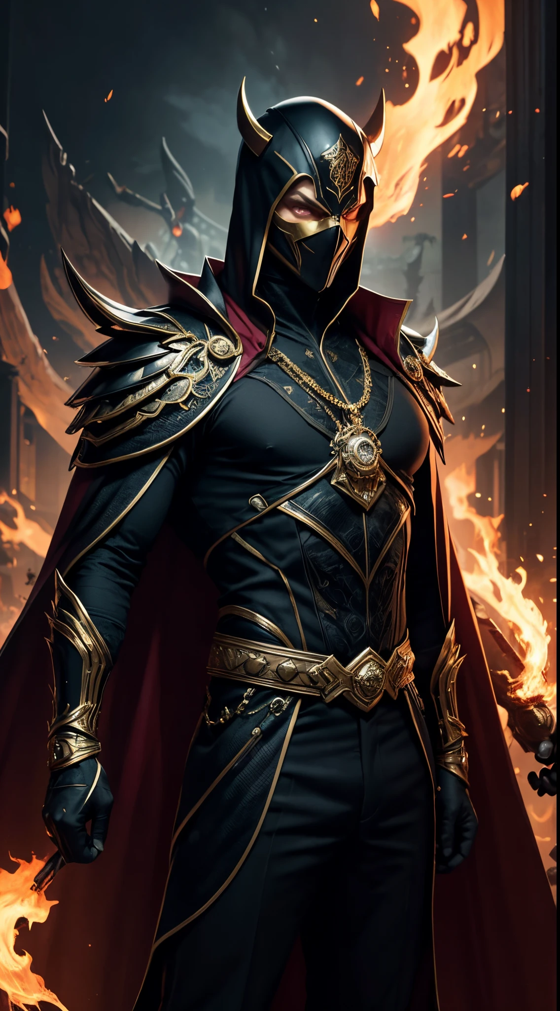 a villain with an impressive and menacing appearance.  He wears a high-tech black suit, adorned with gold details, which gives him a majestic aura.  His face is partially hidden by a mask that combines futuristic and ancient elements, making him enigmatic.  His eyes glow with a sinister temporal energy.  He sports a red velvet cape that moves like an unstable flame, symbolizing his chaotic control over time.  His presence radiates a feeling of grandeur and imminent danger.