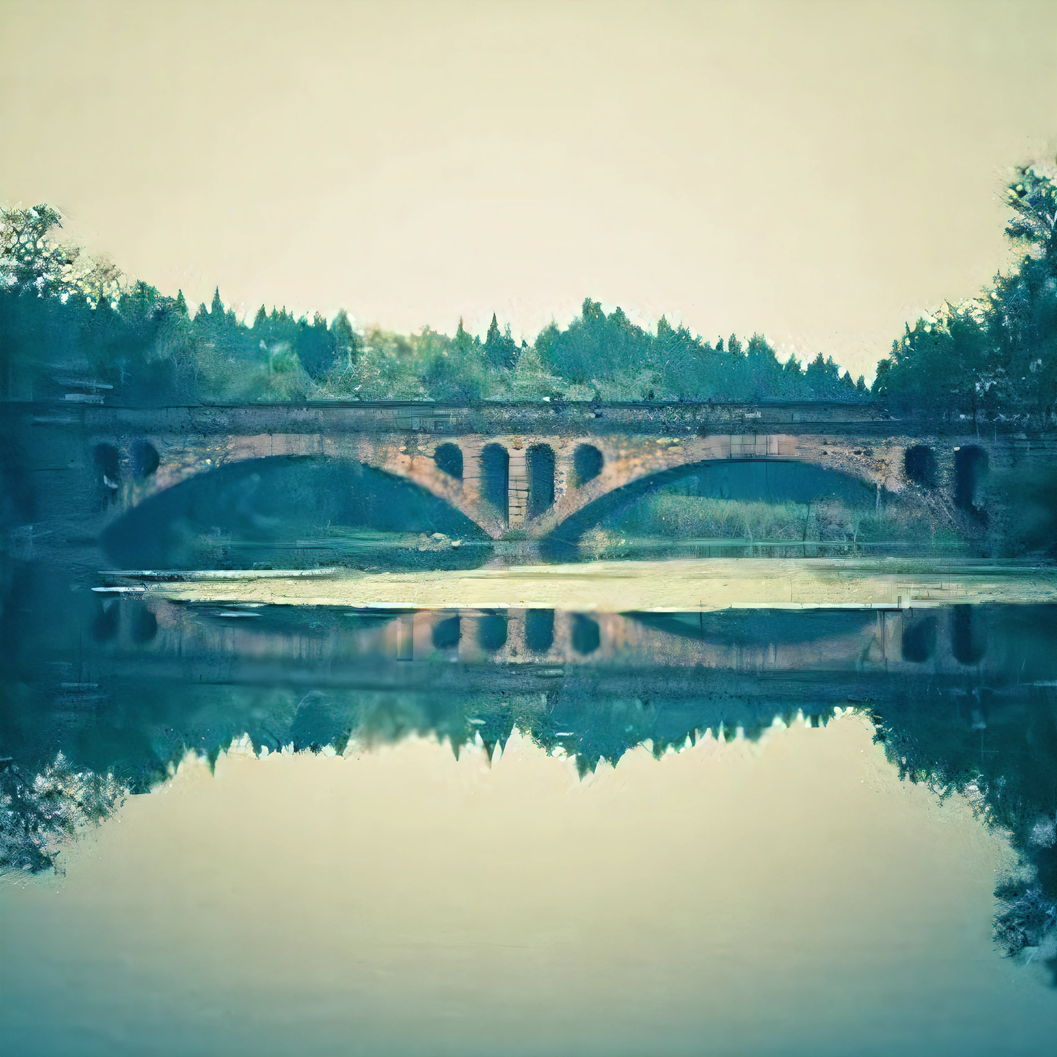 Alafed bridge over the lake with trees and sky background, old bridge, bridge over the water, Silhouette of a hanging bridge over a lake, Curved bridge, perfect symmetrical image, Stone bridge, Retro effect, Reflection of the river, With Instagram filter, bru, reflecting, Mirror-like calm and quiet water, european river, Bridge, Symmetrical composition, Landscape Photography