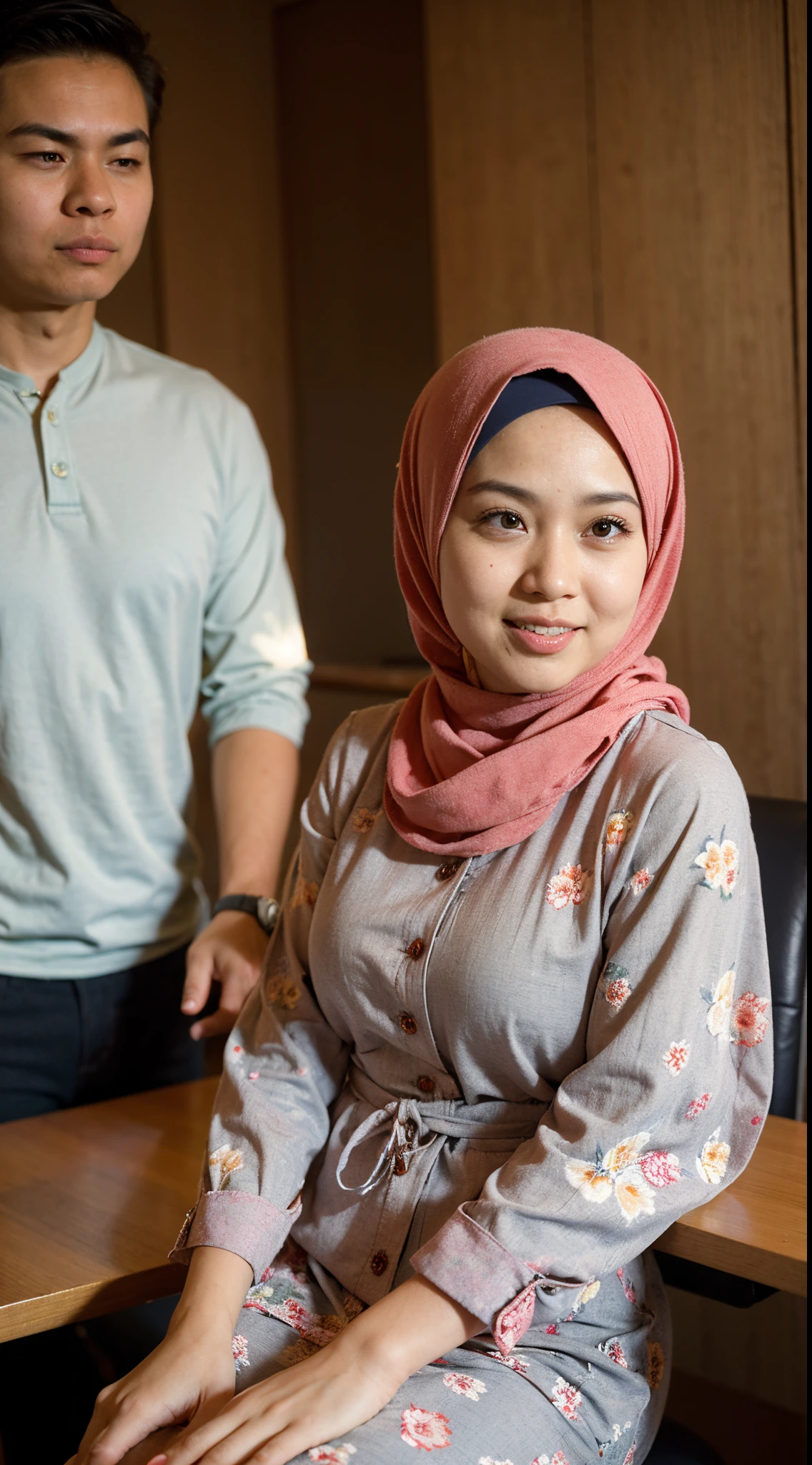 A photo of a young, nerdy malay woman in hijab sitting in a starbuck cafe with 1 malay men in office suit standing behind, woman wearing pastel floral pattern baju kurung, surrounded by a cozy atmosphere, cool ambient, looking at the viewer. (Detail skin:1.3), haired hand,
Hijab, slender, red lips, flirting with the camera