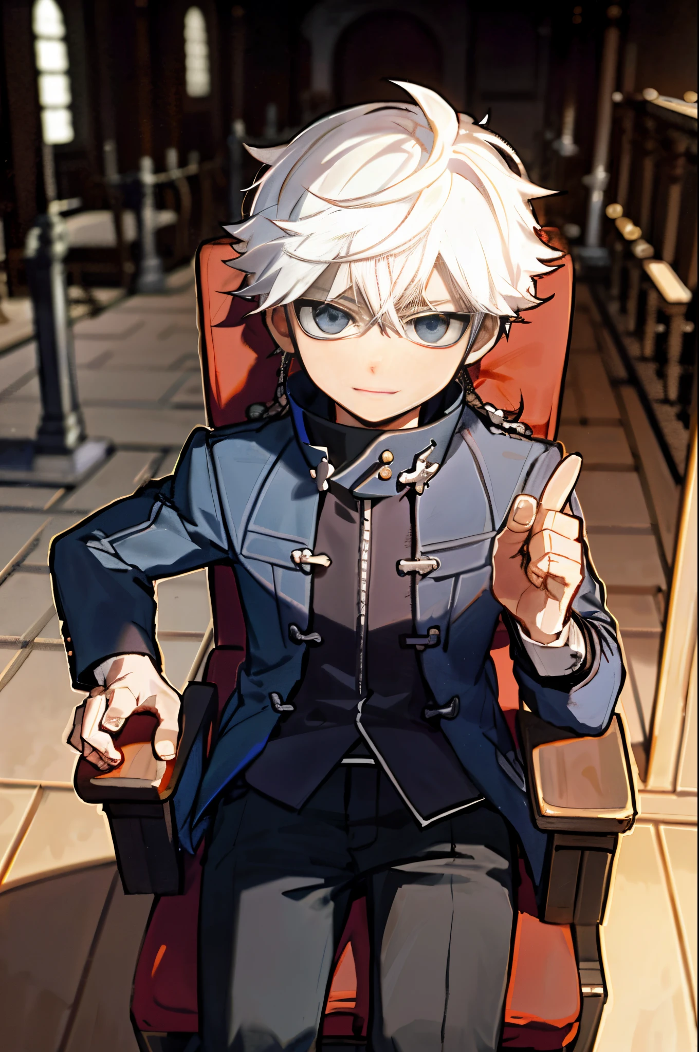 anime character sitting on a chair with his hand raised, garoto de cabelo branco,, killua zoldyck, Hajime Yatatate, arte oficial, cabelos brancos, um louco de cabelos prateados, Arte Oficial, cara de anime alto com olhos azuis, Killua Zoldyck Retrato, sorriso roguish
