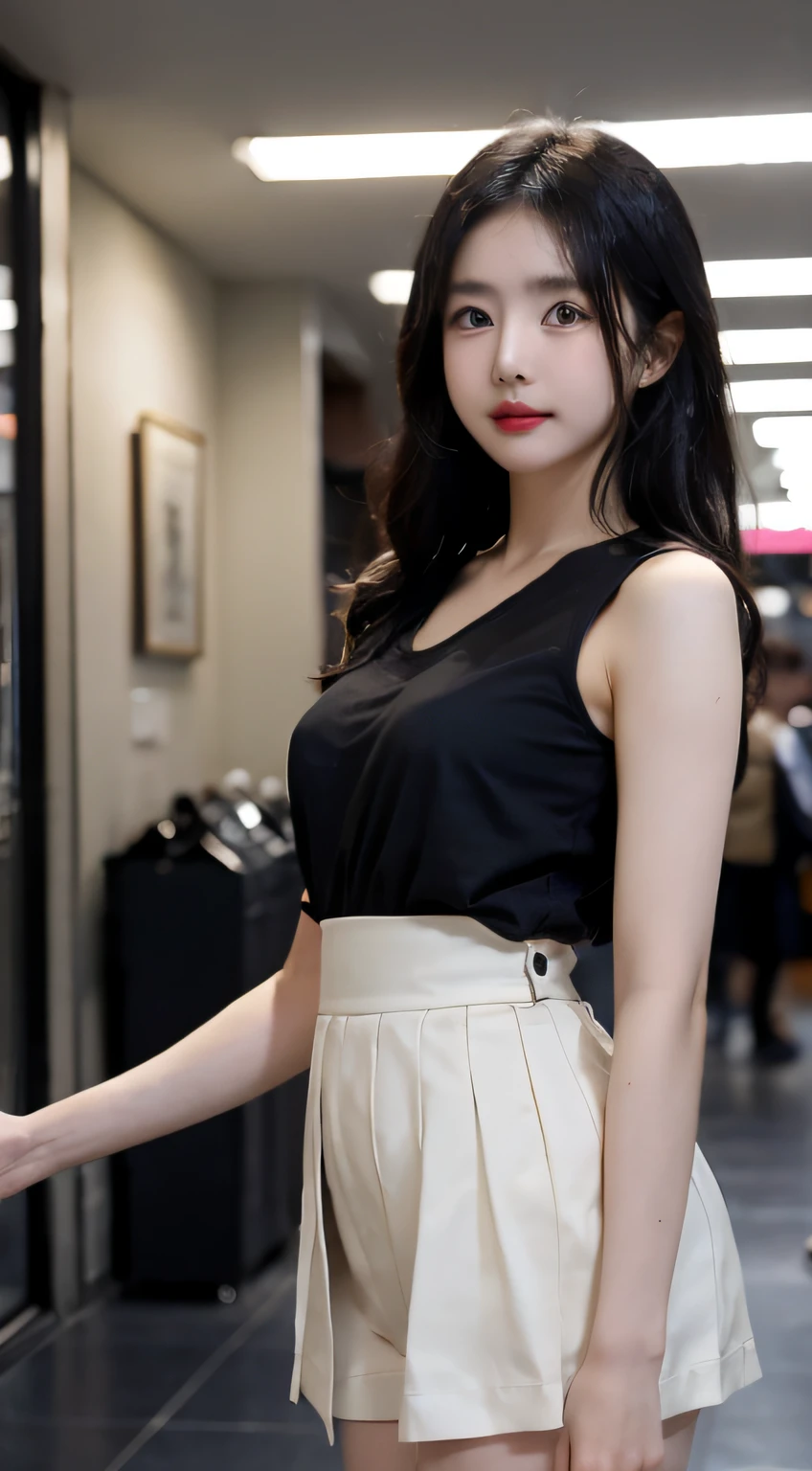 Araf woman wearing black top and white skirt standing in mall, she is wearing a black tank top, Korean female fashion model, gorgeous young korean woman, Shot with Canon eos r 5, Shot with a Canon EOS R5, Canon eos r 6 shot, Wearing a black camisole suit, gorgeous chinese models, beautiful Korean women