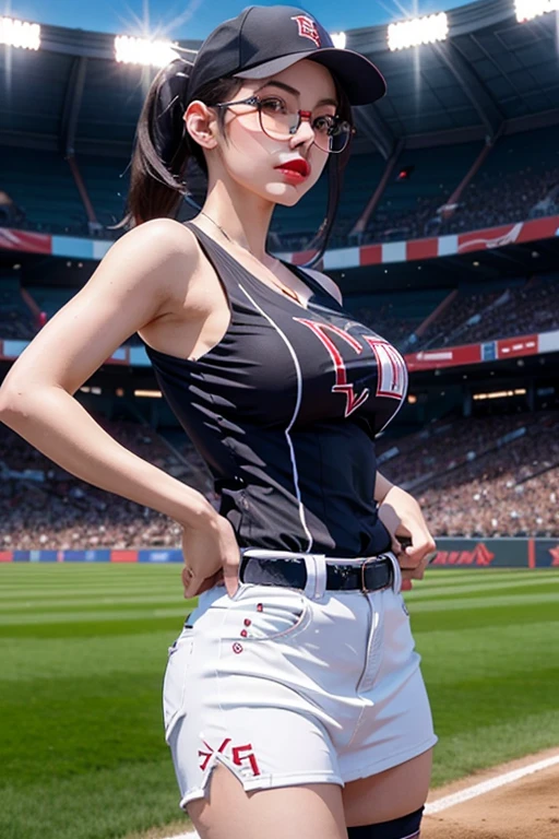 Only one european woman, 30 years old, There's an Adult Woman in a Stadium, wearing Black Cheerleader uniform, White Skirt , High Socks, Glasses, Dark Hair, Red Lips, Shadow eye, Slutty Makeup, twintails, beautiful chest, Big boobs, Clivage, Second life avatar, Beautiful screenshot, Second life, seductive woman, high quality, Very detailed skin