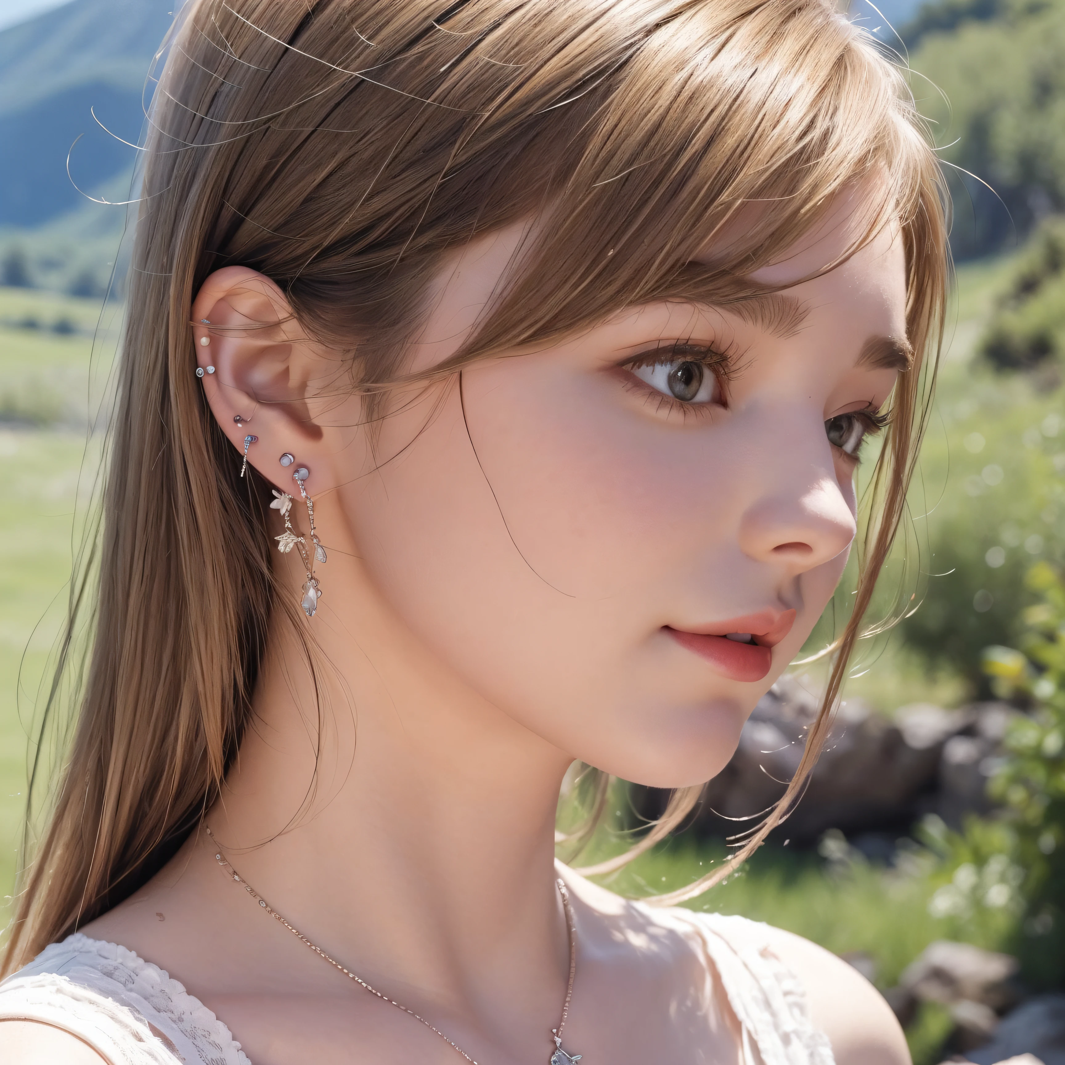 Portrait of a girl, pencil, natural landscape background, neckless, earrings, blonded_hair