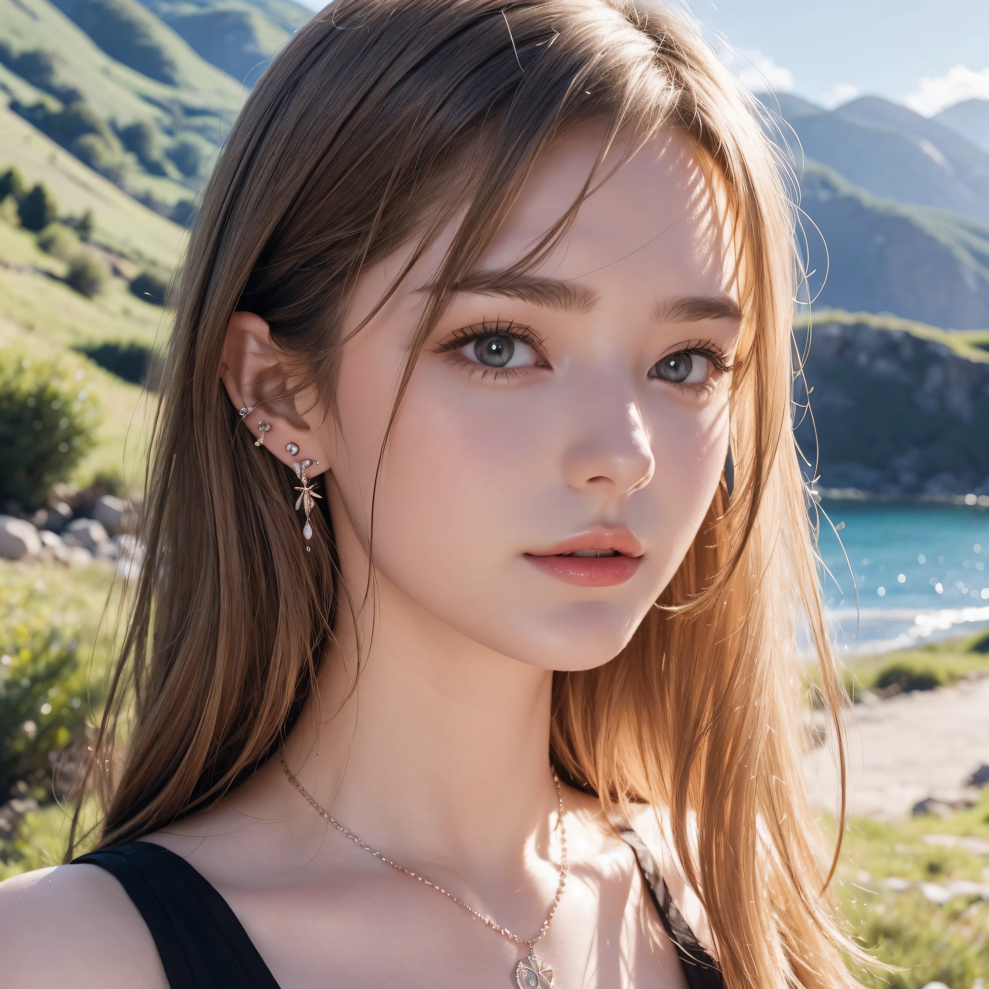 Portrait of a girl, pencil, natural landscape background, neckless, earrings, blonded_hair