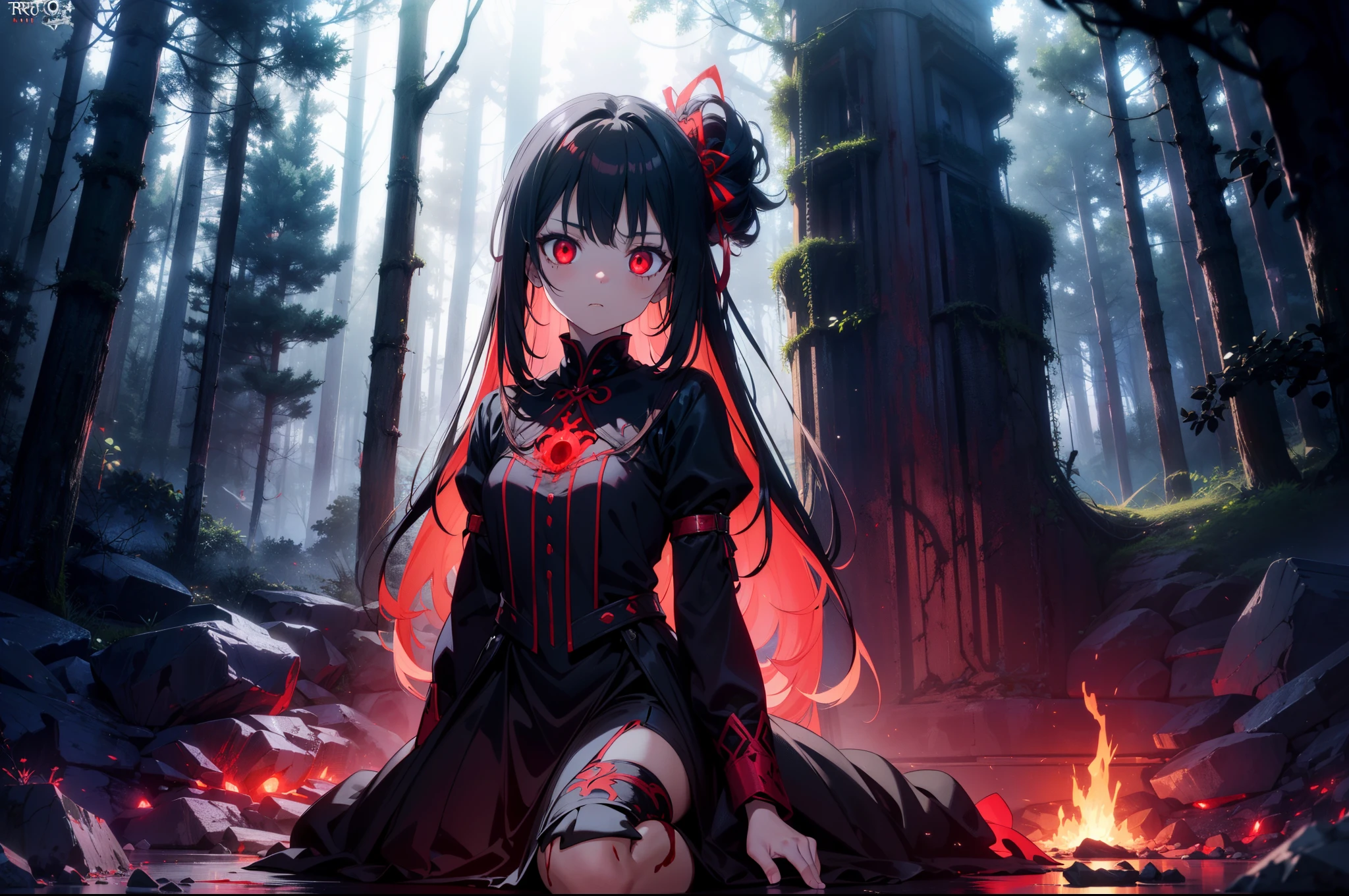 1 loli girl , ((on many bones)) ,((red lighting)), in forest ,(blood sea), concept art, fantasy art, cinematic lighting , cinematic angle , (rape face) ,black long straight hair, black hair, hair ribbon , red eyes,black dress, (glowing eyes), (((horror))) , high resolution,(incredibly absurdres) ,extremely detailed CG unity 8k wallpaper, ((masterpiece)), ((top-quality)), (beautiful illustration,background Tento), ((an extremely delicate and beautiful))