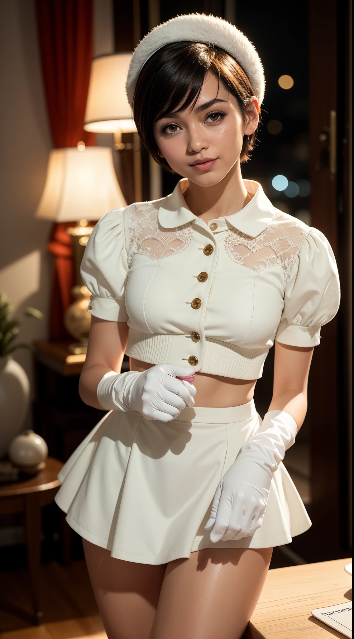 Malay girl, very short white hair, Sculpted Pixie cut hair, dresses with puffy sleeves, cute headwear, printed socks, light jackets, cute collars, cuffs and gloves. seduce, seducing pose, front view, windy, detail skin, age spot, detail skin texture, mole below eyes, small breast, flat chest, wide hips, small waists, thick thighs, slim abs, beautiful body, nighttime, laughing, happy, bright lighting, living room, blur background, bokeh, Super 8mm lense, Extreme close-up, High Contrast cinematography effect, Natural Lighting, Desaturate color grading, high quality, ultra detail, 8k resolution,