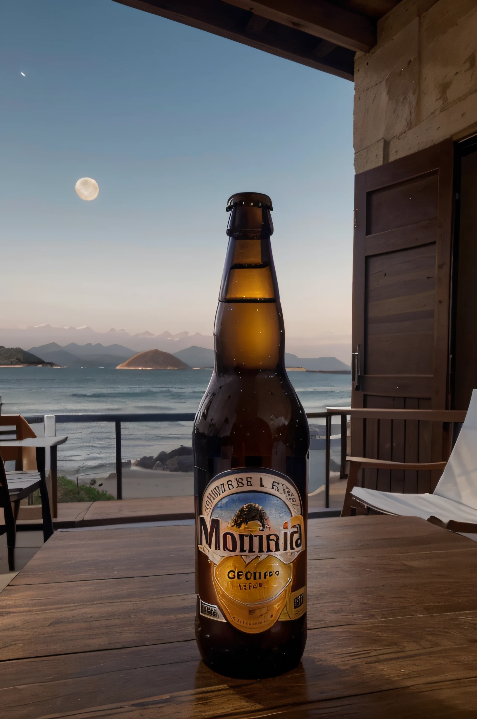 Um barril de cerveja na mesa,In the background is a round of a large moon, perfect crisp moonlight, comercial de cerveja, Noite, The view is a mountain or a sea surface,mares calmos,The Moon reflects on the water,Capas de discos,The main color is cool,Ambient light is weak,perspectiva positiva,The camera moves away from the bottle