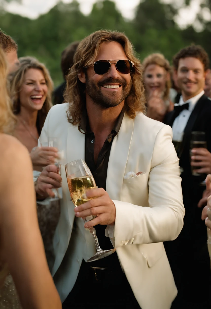 A photo of him wearing a suit and sunglasses, holding a glass of champagne, with a group of people dancing and laughing in the background at a wedding reception.,Wedding Crashers (2005),Chazz Reinhold, a character in “Wedding Crashers,” is portrayed as an eccentric and over-the-top individual, embracing an extreme lifestyle of crashing events. He has a disheveled appearance, often seen in casual and somewhat out-of-date clothing, reflecting his disregard for social norms and conventions. Chazz’s long, unkempt hair and scruffy facial hair add to his unconventional and carefree image.