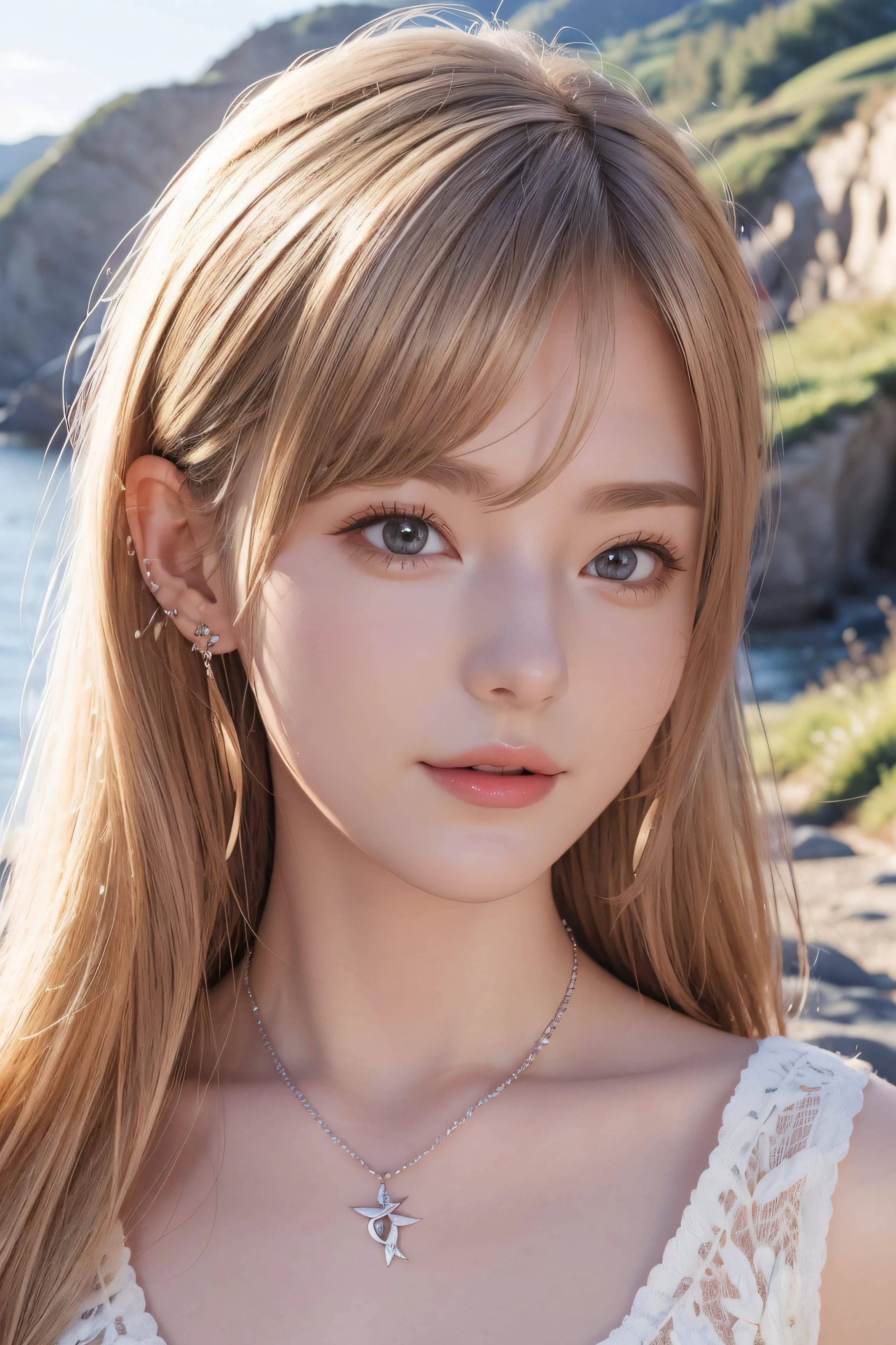 Portrait of a girl, pencil, natural landscape background, neckless, earrings, blonded_hair, realistic anime 3d style
