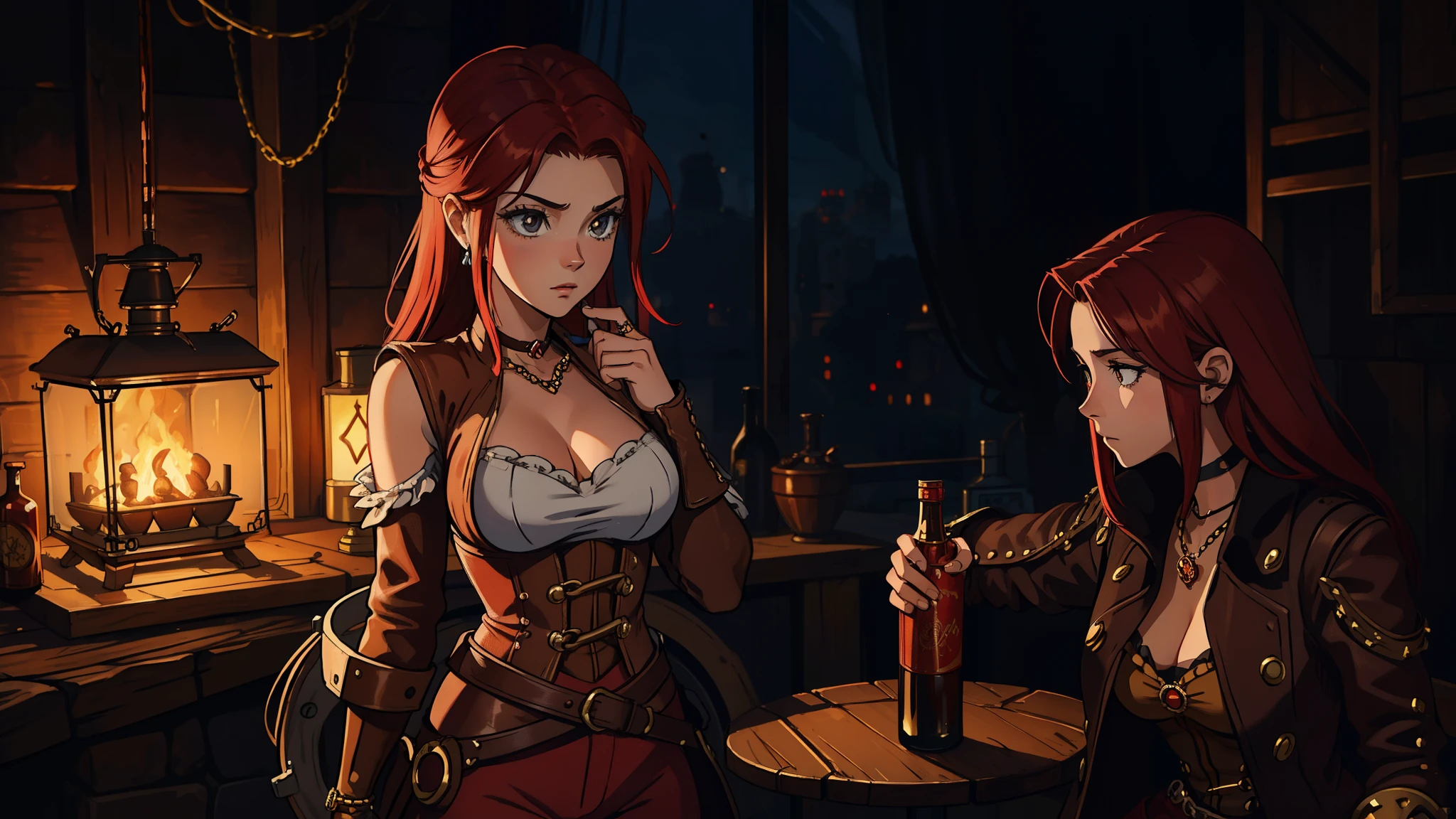 A brown haired woman with copper eyes and an hourglass figure in a pirate's outfit is eating dinner in a tavern