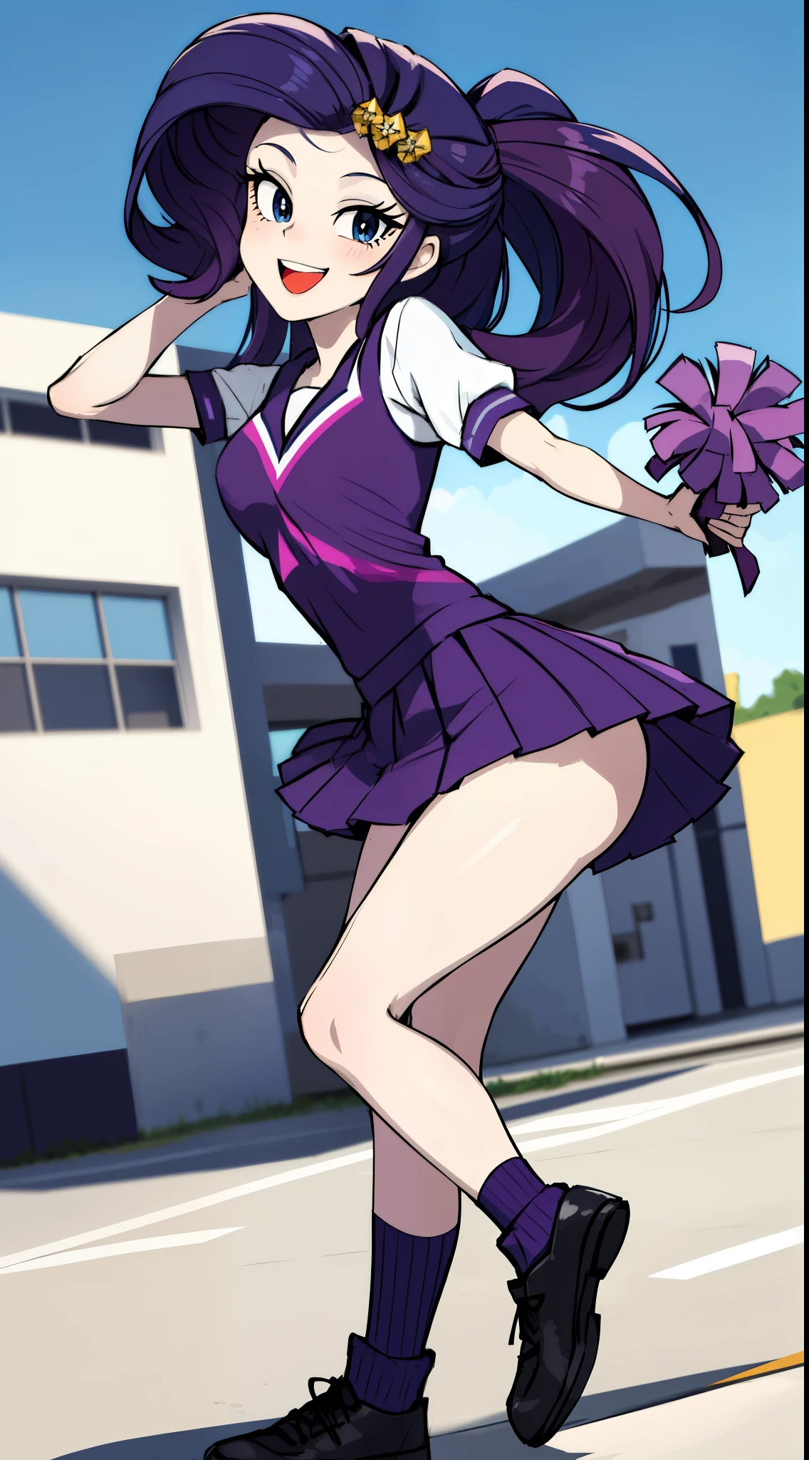 masterpiece,best quality, 1girl, solo,mlprarity,colored skin,hair ornament,messy hair,purple hair,blue eyes, cheerleader uniform, full body, smile