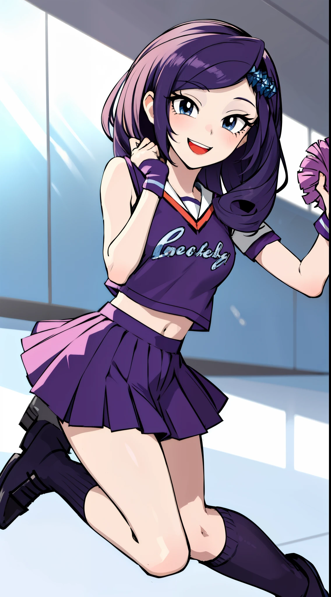 masterpiece,best quality, 1girl, solo,mlprarity,colored skin,hair ornament,messy hair,purple hair,blue eyes, cheerleader uniform, full body, smile