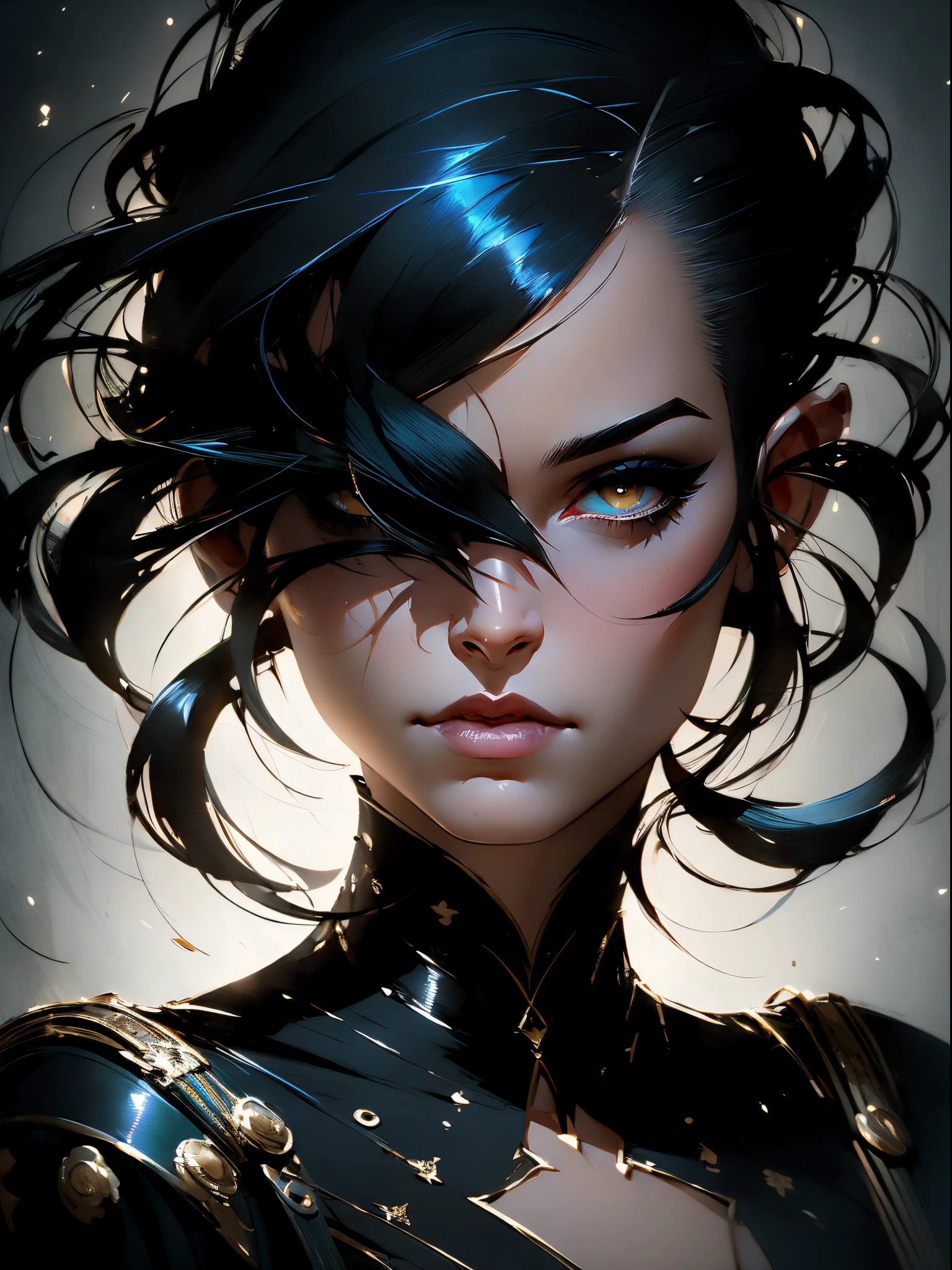 A woman with shaved hair and a black blouse looks at the camera, pintura de personagem bonita, retrato da arte do personagem, 🤤 retrato da menina, arte do personagem charlie bowater, Epic portrait illustration, retrato detalhado do caractere, Neoartcore e Charlie Bowater, retrato de alta qualidade, retrato de arte conceito de fantasia, retrato de fantasia fosco detalhado, Charlie Bowater Estilo de Arte, retrato bonito detalhado, retrato da arte da fantasia