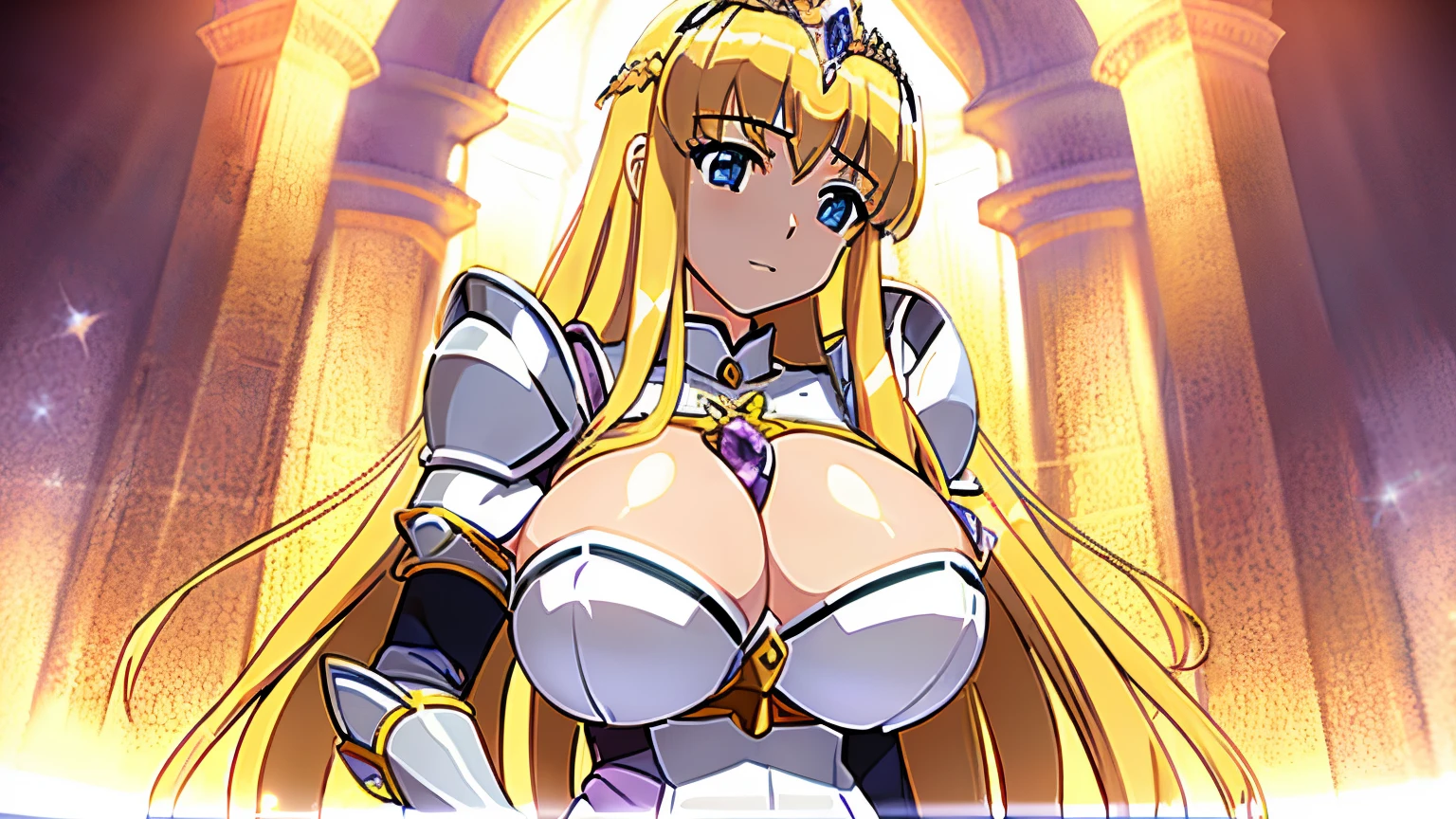 Anime woman with long blond hair wearing a white dress costume with a sword, knights of zodiac girl, portrait knights of zodiac girl, In amethyst armor, oppai, huge tit, with large breasts, seductive princess knight, anime goddess, Princess Knight, ((a beautiful fantasy empress)), blonde - haired princess, a blonde emerald warrior, Amethyst Princess, Amethyst reflective armor, Crystal Amethyst Armor, smooth anime cg art, princess intergalactica, Dress Armor Girl, High quality anime art style,