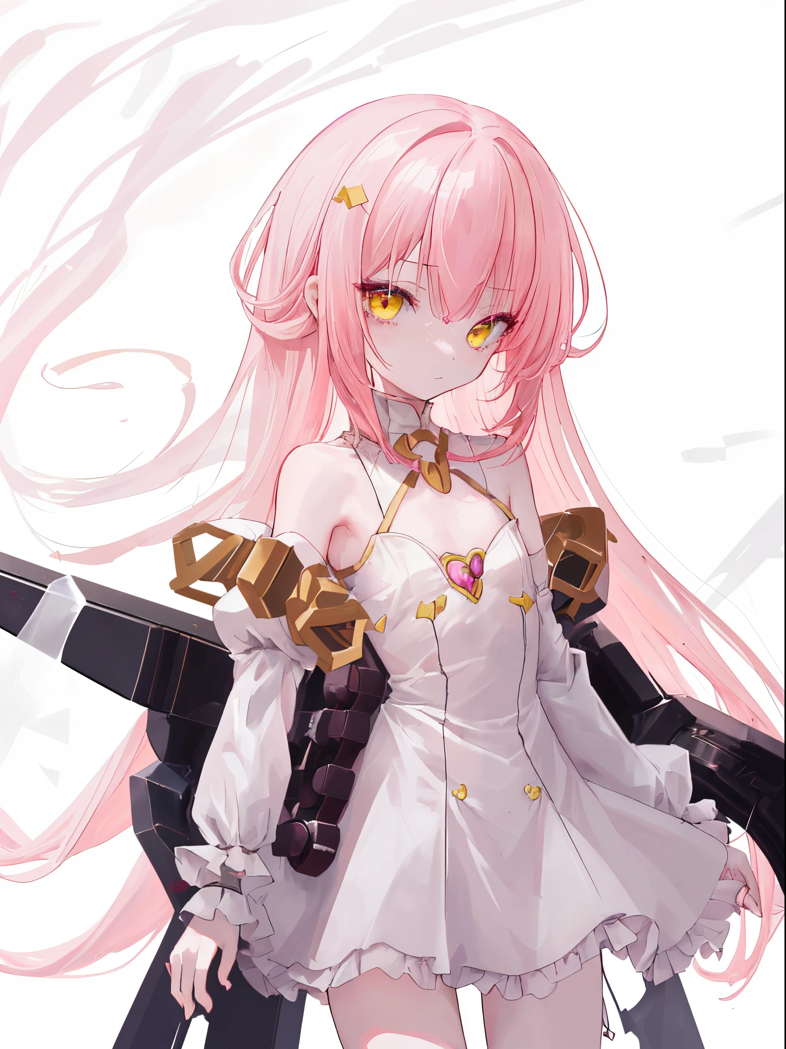 1girl, long pink hair, yellow eyes, slim body, loli short height, small chest size, wearing white dress, absurdres, high res, ultrasharp, 8K, masterpiece, looking at viewer