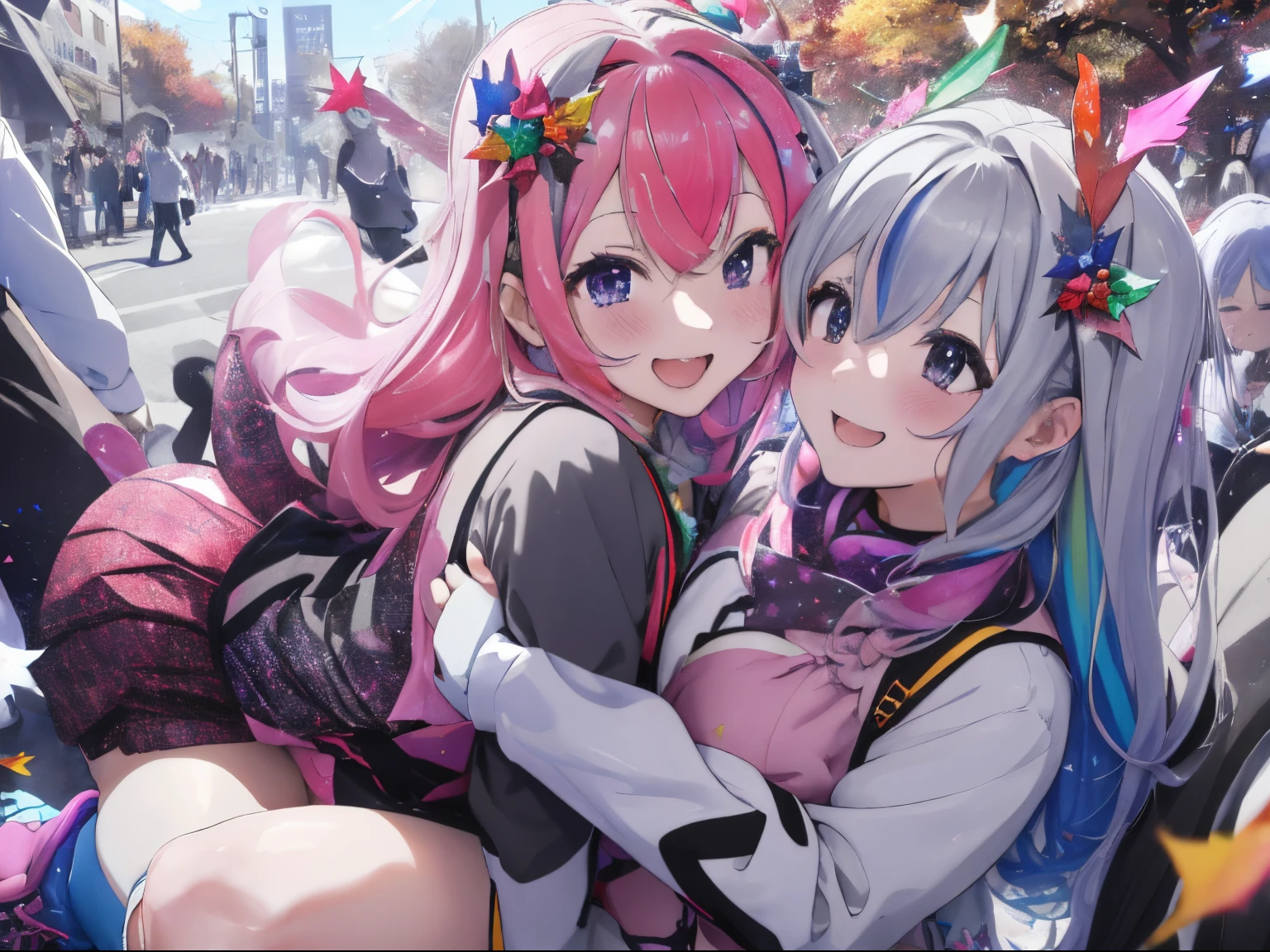 A sparkling sky with reflected light,Colorful confetti,Let'Liven up the festive mood with Kusudama and rice crackers,fluffy hair,rainbow-colored hair,white and gray and black and red,Happy with a big smile,He seemed satisfied with the exaggerated reaction.......,Autumn clothes,long-sleeve,long boots,Slightly red tide,